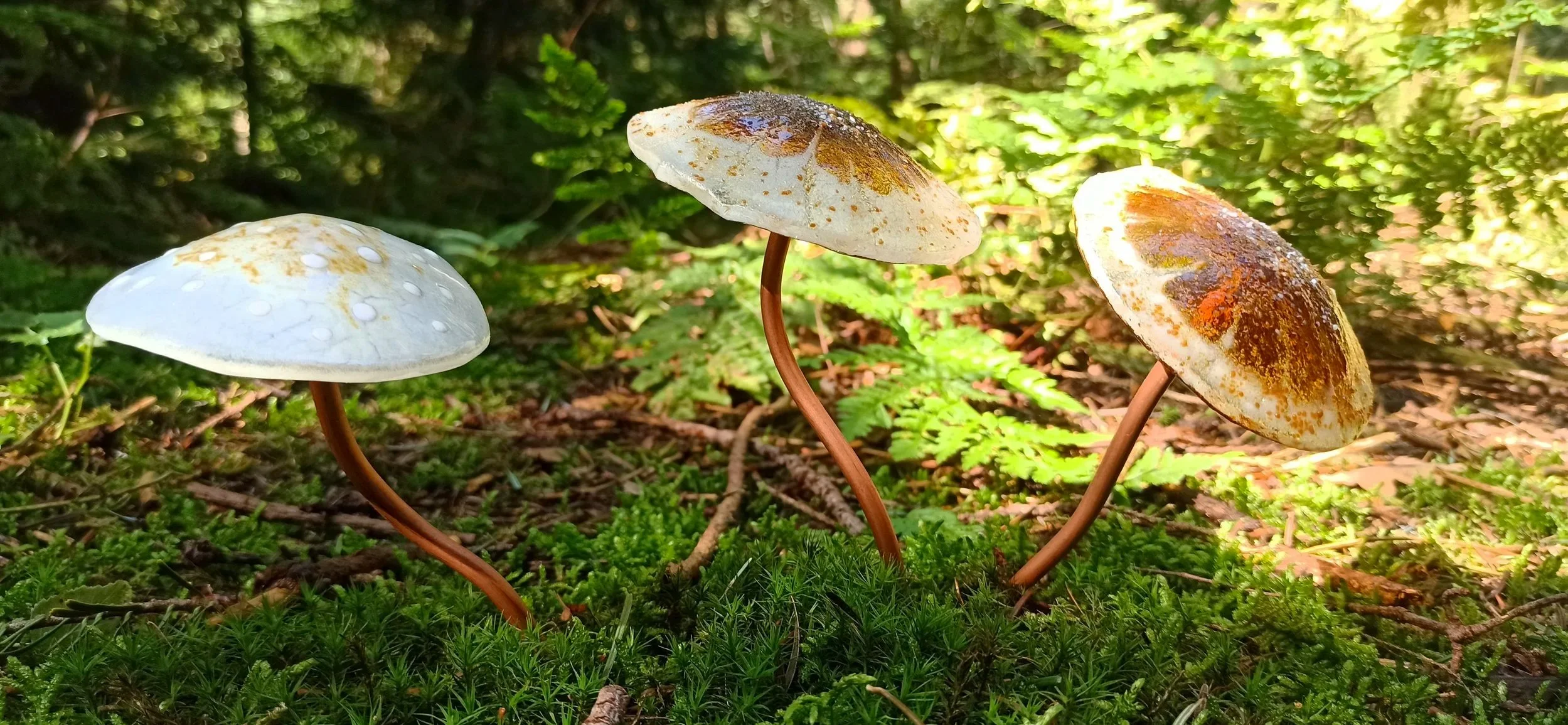 Drie glazen paddenstoelen in een bos met groene vegetatie, verschillende kleuren, glas fusen, geschikt voor tuin.