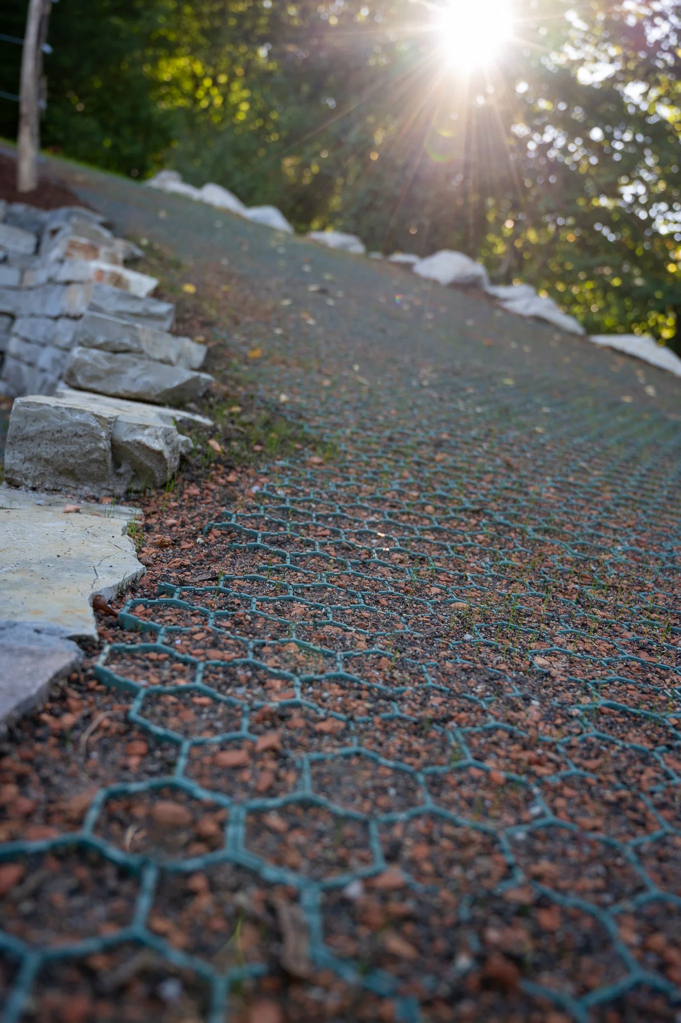 Boden mit Gitter und Kies, eine Steintreppe auf der linken Seite, Sonnenlicht scheint durch Bäume im Hintergrund.
