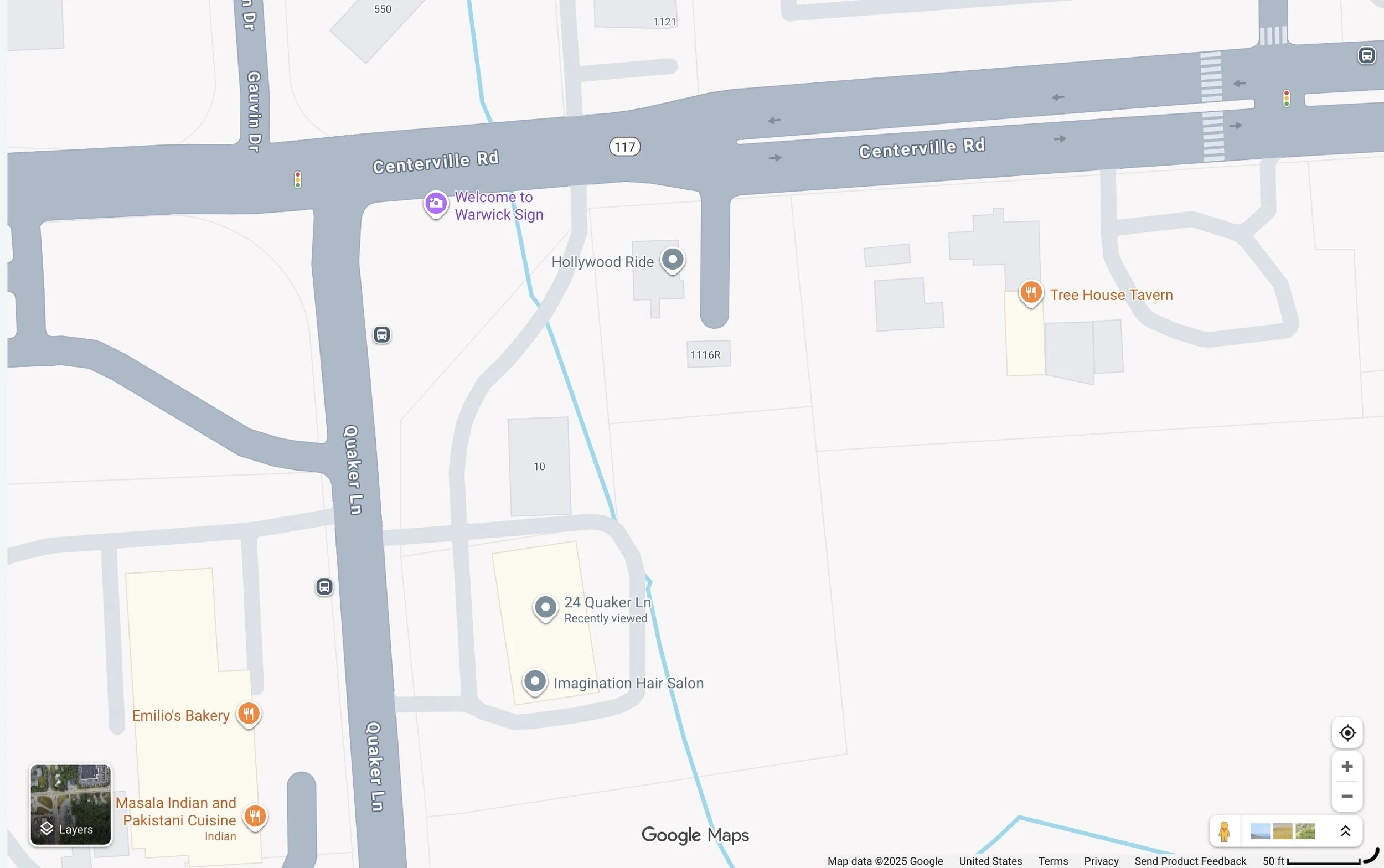 Map showing streets and businesses, including Quaker Lane, Hollywood Ride, and Tree House Tavern, with various icons for landmarks, businesses, and intersections.