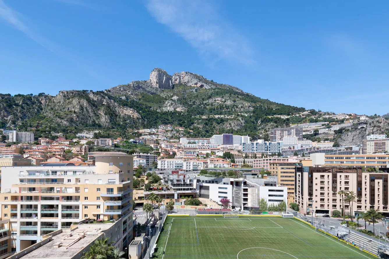 Cityscape with a green sports field in the foreground, surrounding mid-rise buildings, and a mountainous landscape with rocky hills and clear blue sky in the background.