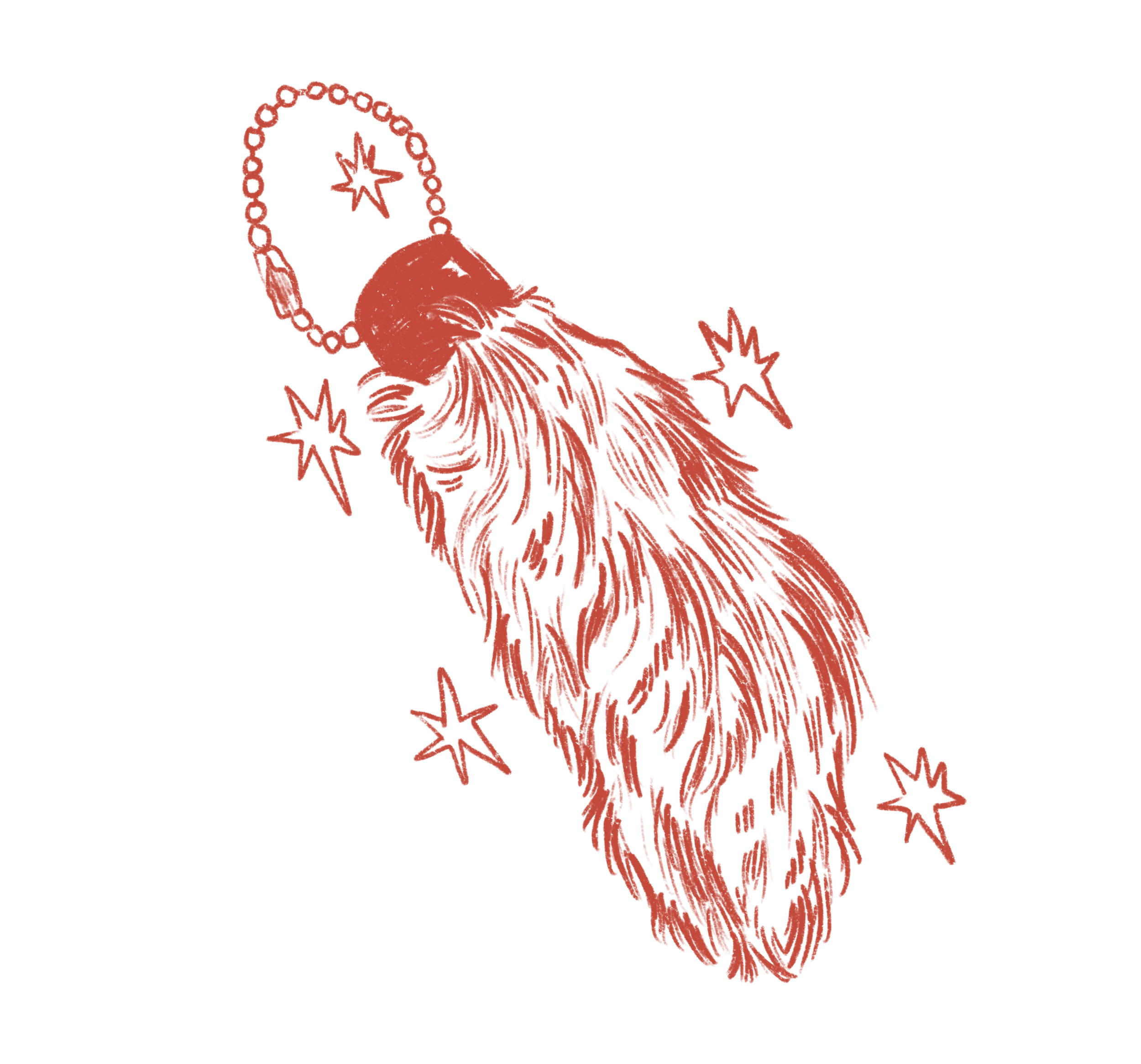 A red, stylized illustration of a dog with a chain collar, surrounded by stars on a black background.