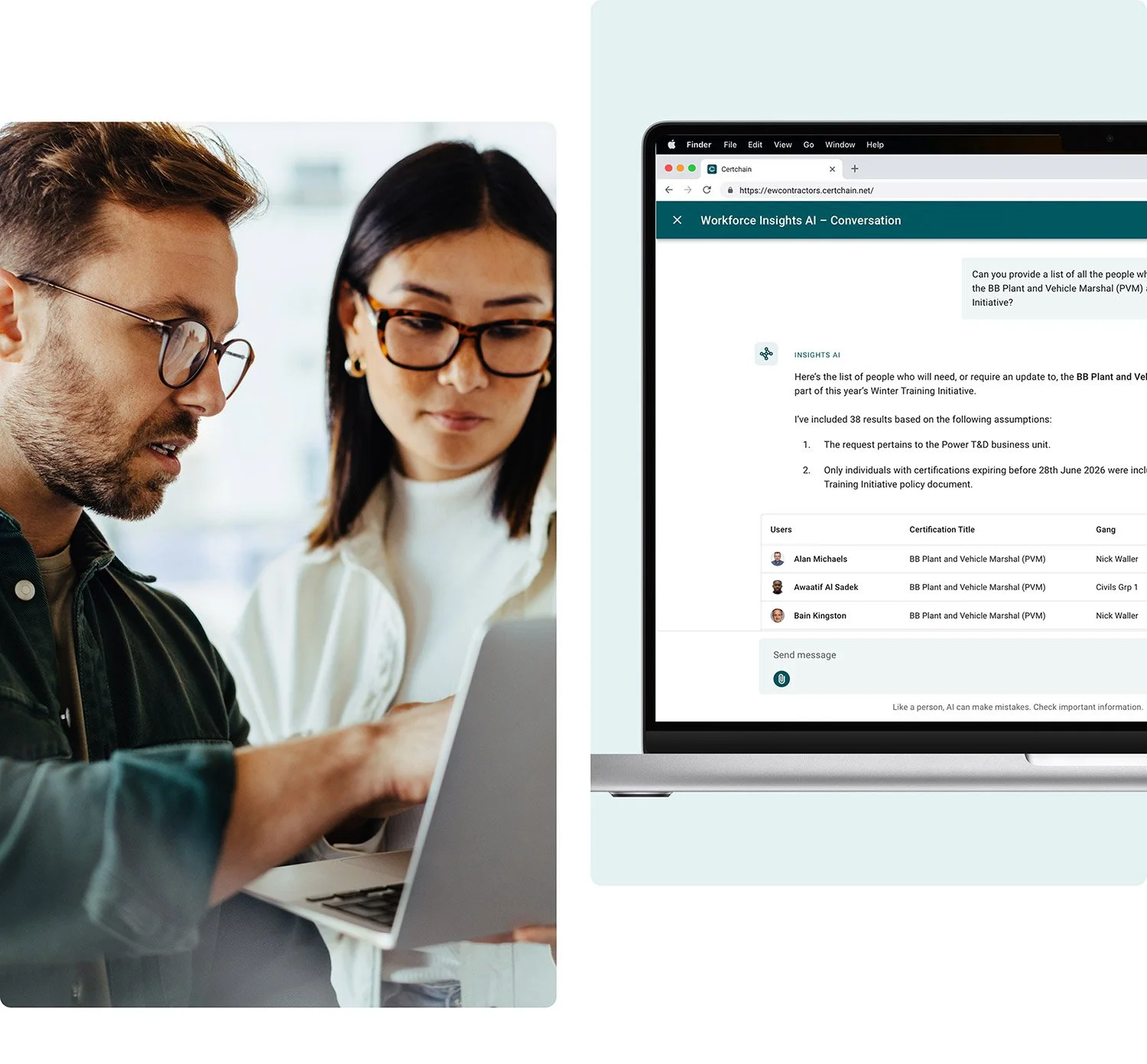 Two people looking at a laptop, with a second laptop displaying a human resources competence conversation within Certchain’s AI-based human resources analytics app, Workforce Insights AI, with a list of names and certifications.