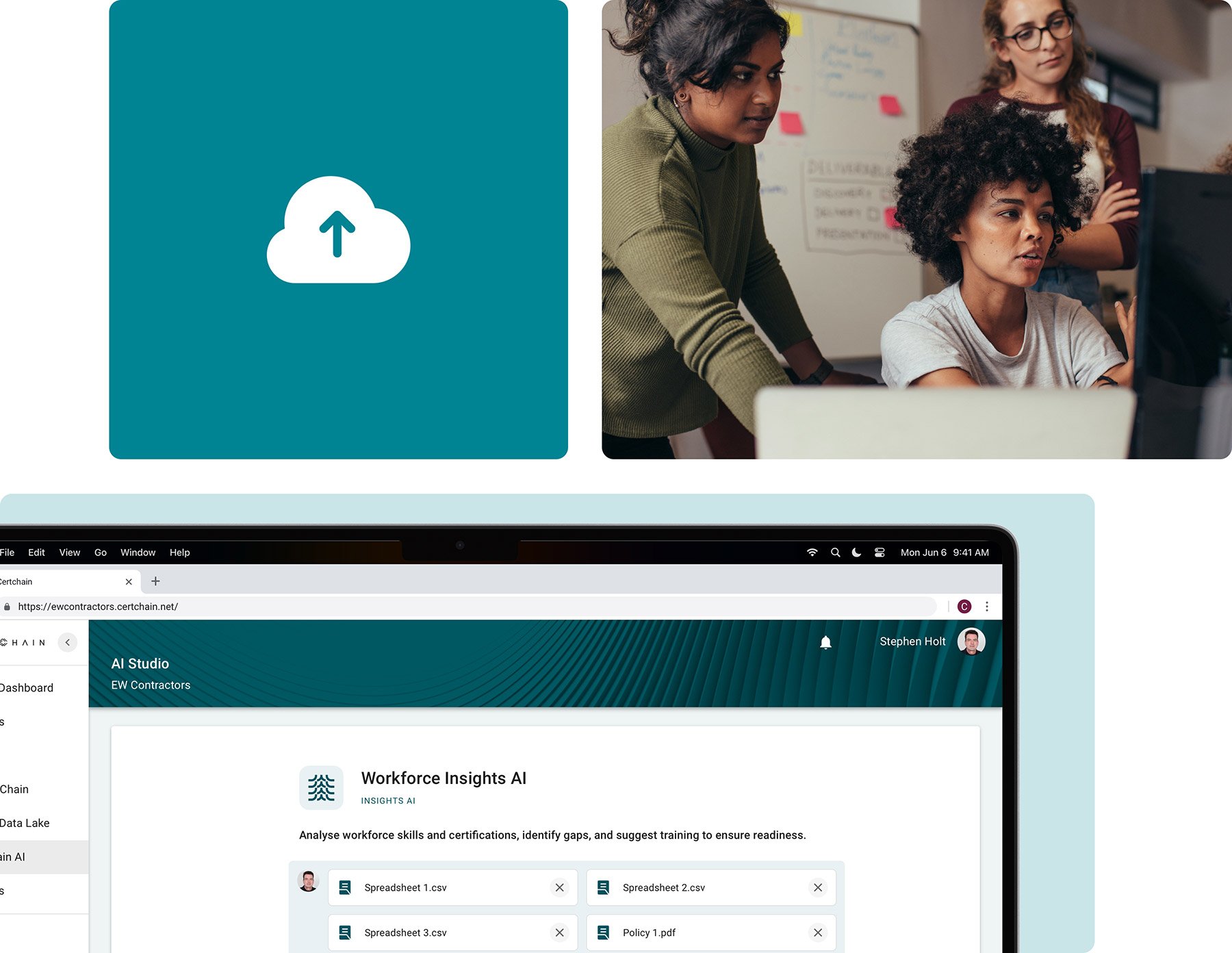 A computer screen displaying Certchain’s AI-based human resources analytics app, Workforce Insights AI, with options to upload spreadsheets and PDFs for workforce skills analysis. Above, a group of women collaborating in an office setting.