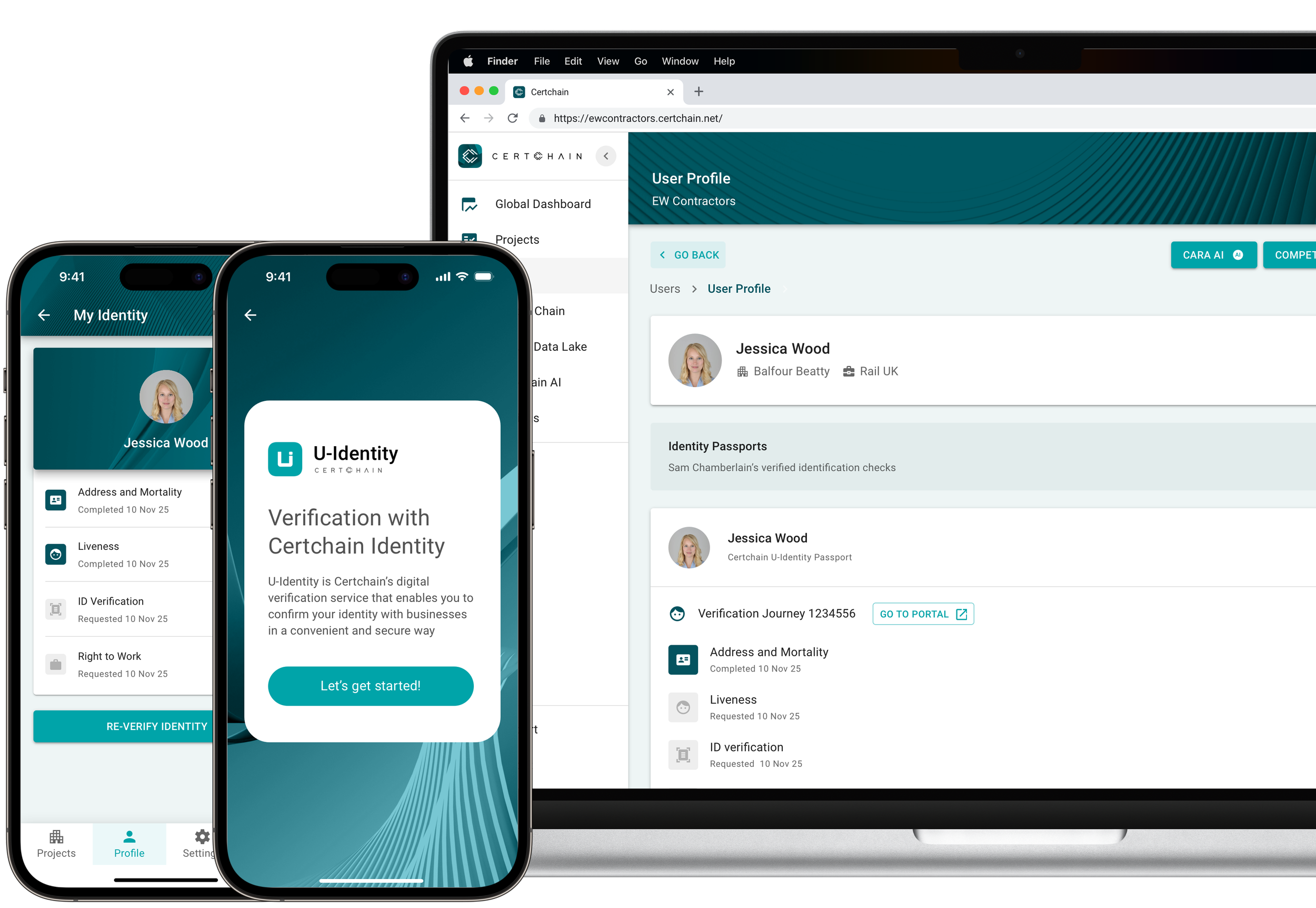 Laptop screen displaying a Certchain HR competence profile for a worker. Two smartphones show identity verification steps within the Certchain app, including liveness, ID verification, and right to work, along with a welcome screen.