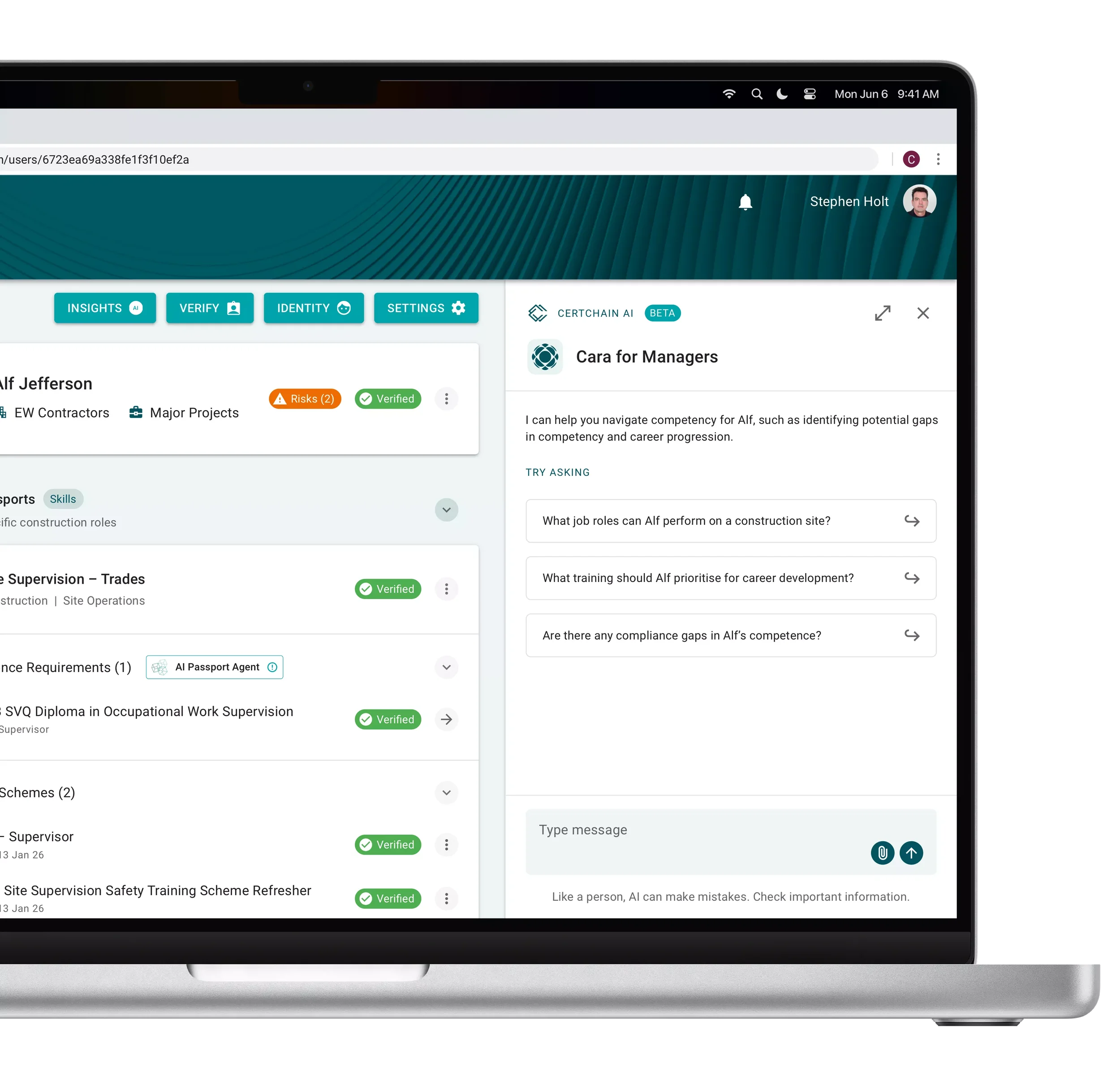 Screenshot of an AI interface named Certaing AI, showing a profile of Alf Jefferson, a construction professional, with skills and certifications marked as verified. The interface includes sections for insights, verification, and career development, along with a chat window offering guidance for managers.