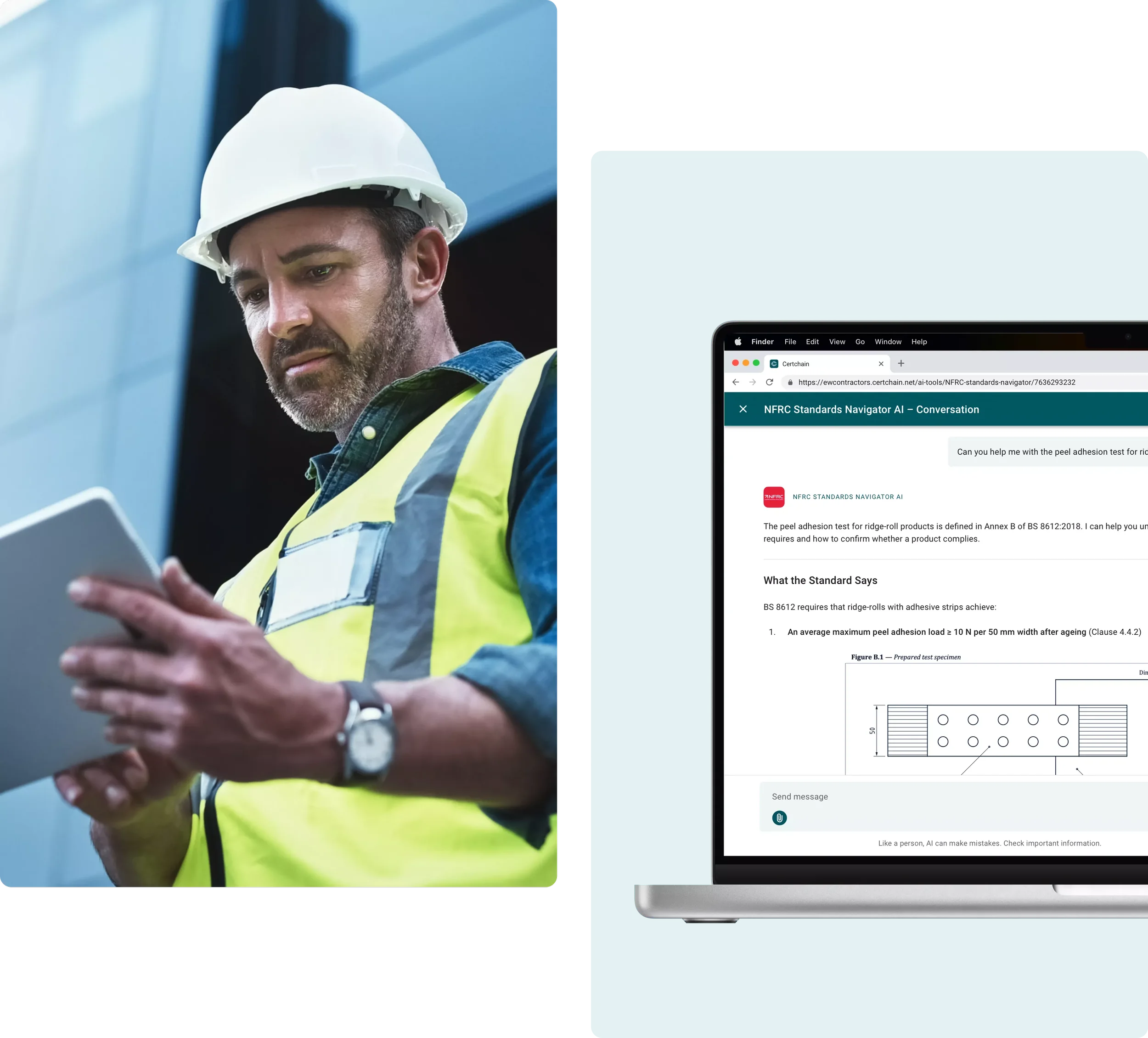 Construction worker wearing a white hard hat and yellow safety vest looking at a tablet, beside a laptop displaying a webpage about NFRC standards for adhesive strip products.