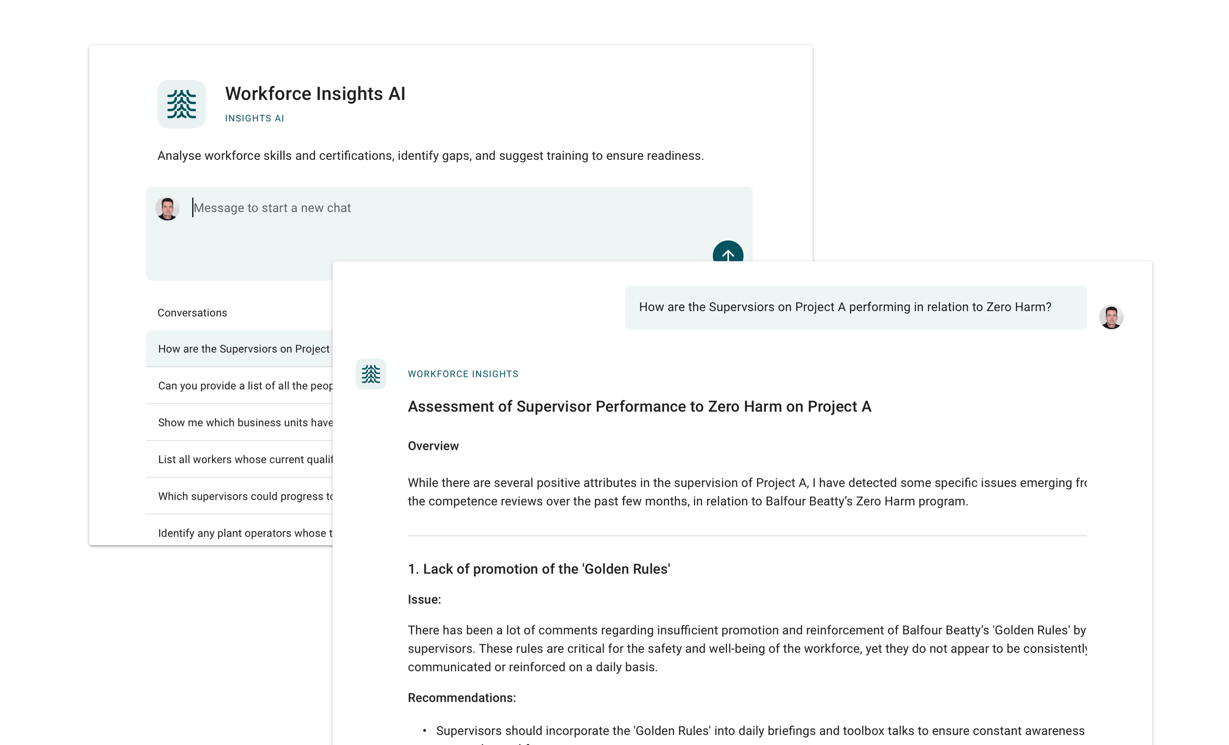 Screenshots of interface elements of a chat conversation within Certchain's Workforce Insights AI. The conversation is focusing on supervisor performance on a project, against company policies.