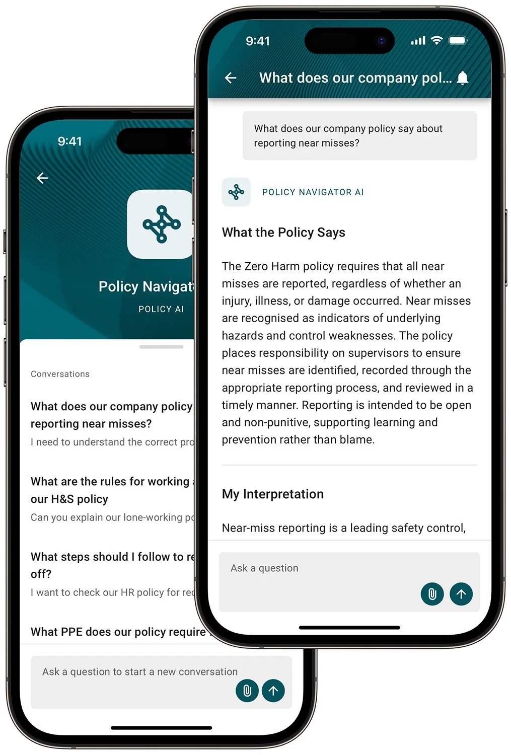 Smartphone screens displaying a conversation with Certchain's generative AI for policy management, about company near miss reporting policy and rules.