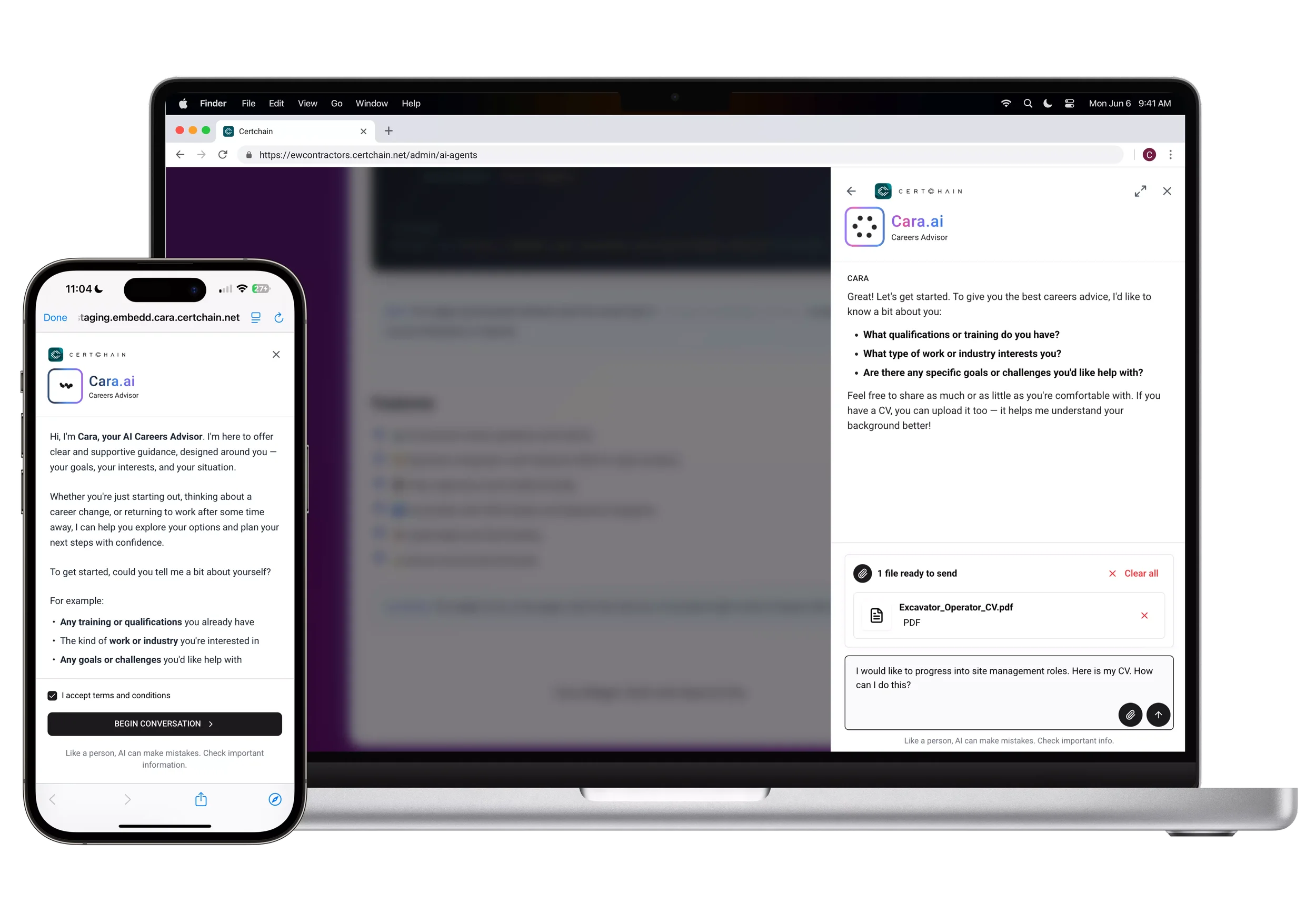 Smartphone and laptop screens displaying Certchain's AI career guidance app, Cara.ai. The interface shows the app embedded on the homescreen of a customer website, and a chat discussing job qualifications, interests, and uploading a CV.