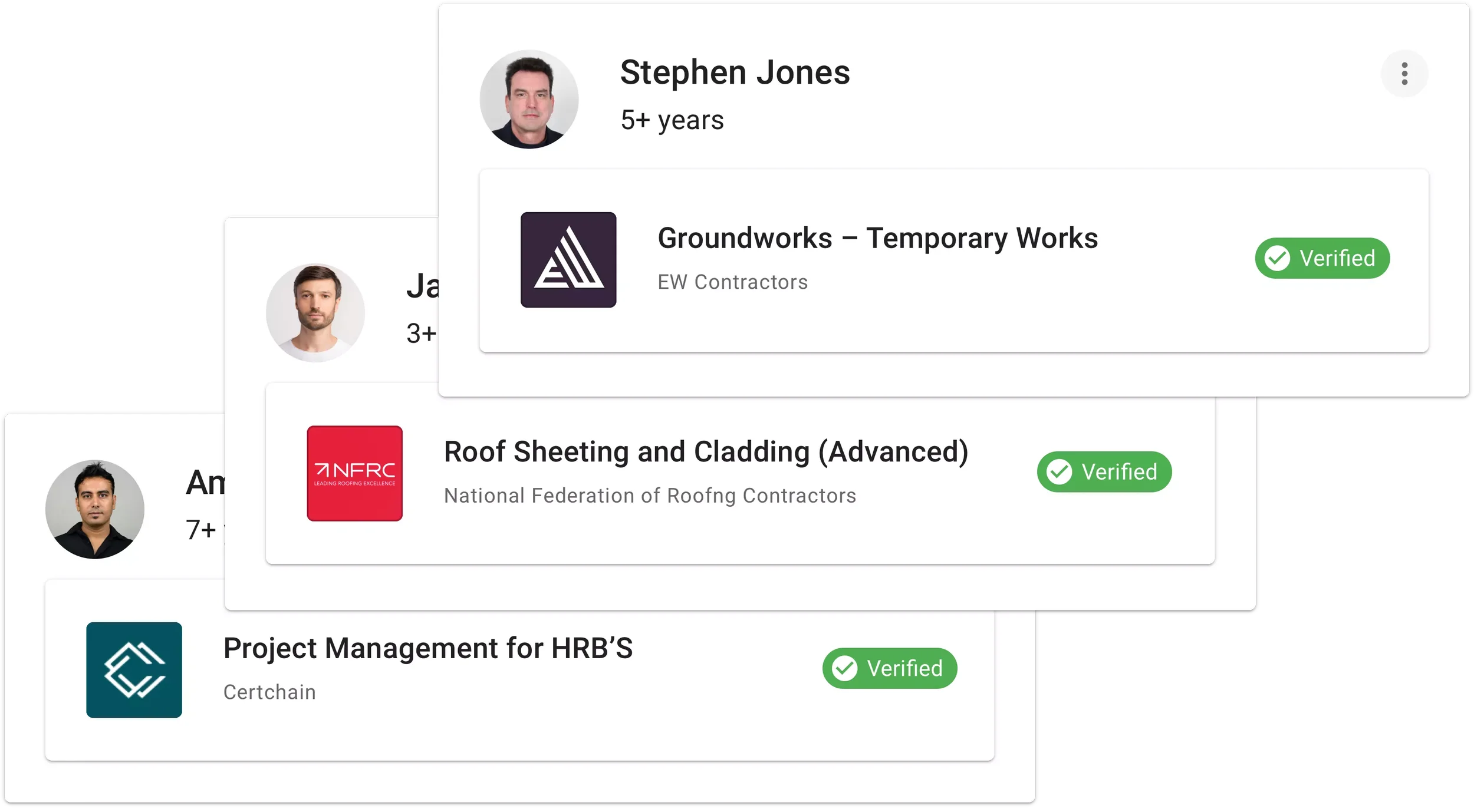 Digital profile cards of professionals, showing names and verified job roles, including Groundworks, Roof Sheeting and Cladding, and Project Management for HRB's.