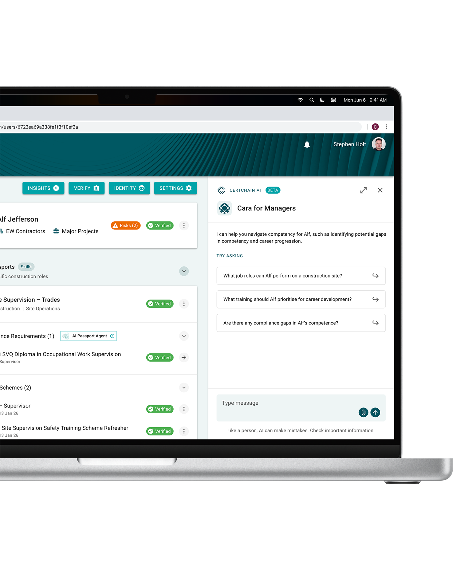 A screenshot of Certchain's competency management interface on a laptop, displaying Cara AI for Managers, with sections for skills, supervision, certificates, and an AI chat window on the right with questions about a workers' job roles and training.