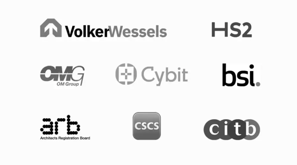 Collection of logos for various cybersecurity and construction organizations including VolkerWessels, HS2, OM Group, Cybit, BSI, Architects Registration Board, CSCS, and CITB.