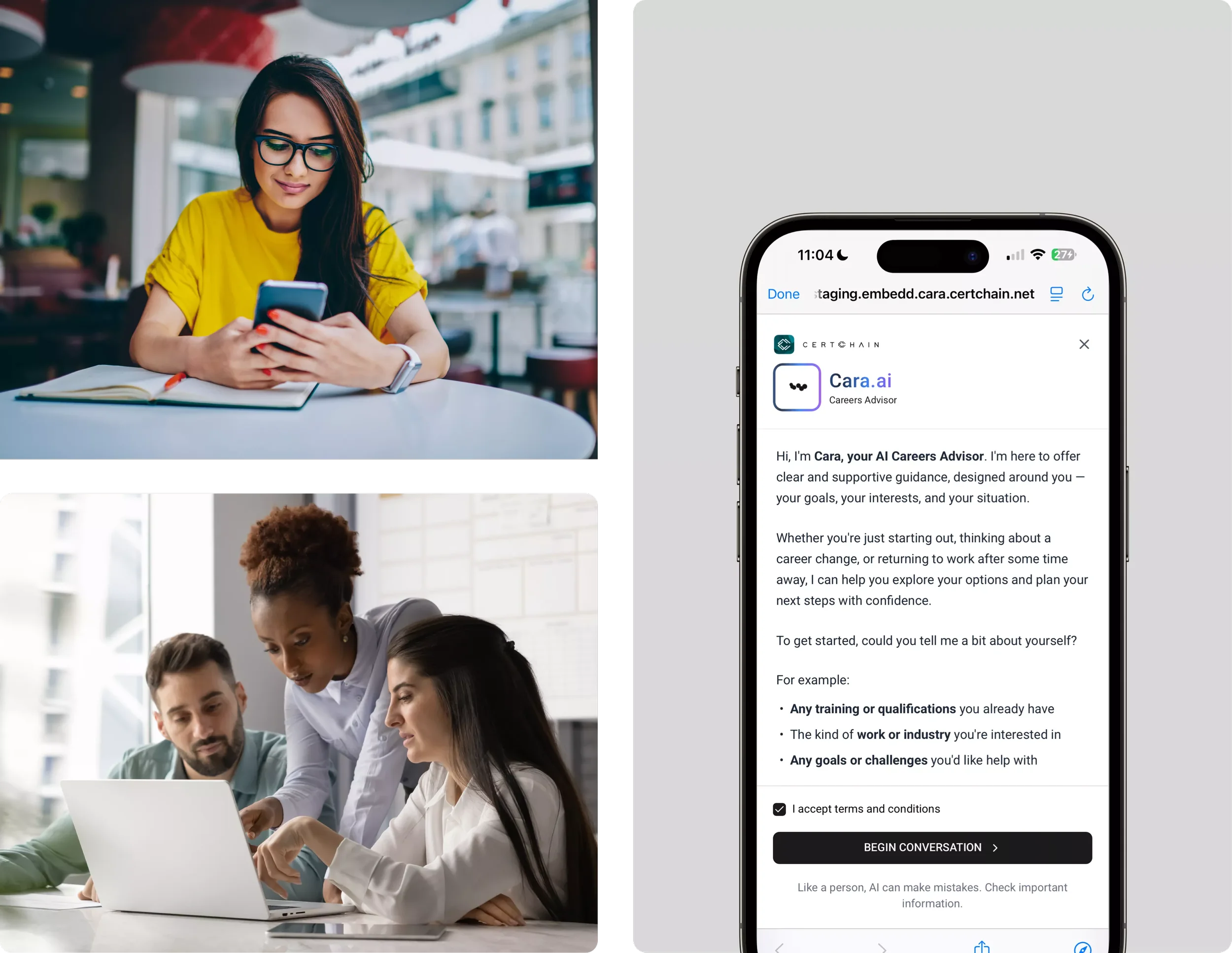 A woman sitting at a table in a café looking at her phone with an open notebook in front of her. Two people in a meeting or discussion in an office, one woman and one man, both looking at a laptop. A phone screen showing an AI careers advisor chatbot conversation.