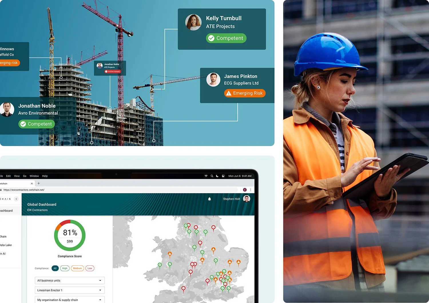 A construction worker woman wearing a blue safety helmet and orange safety vest looking at a tablet. The image includes an infographic representing worksite competence, and an interface with a project compliance map of the UK.