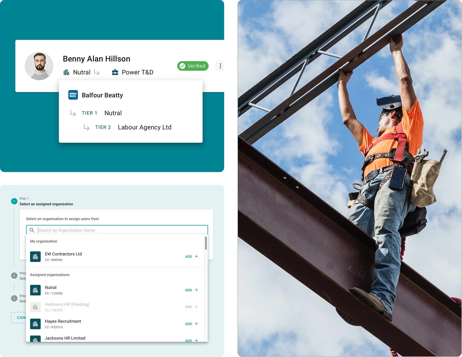 A split image showing elements of Certchain’s HR & competence interface on the left and a construction worker on the right. The interface includes profile details and a worker selection process. The construction worker is working outside.
