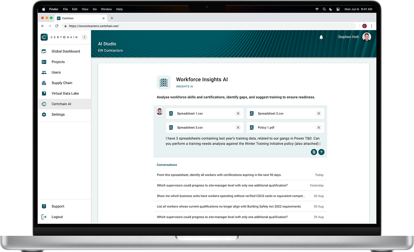 Screenshot of Certchain’s AI-based human resources analytics app, Workforce Insights AI, displaying a list of uploaded files including spreadsheets and a PDF, representing a manager asking the generative AI a question about live workforce data.
