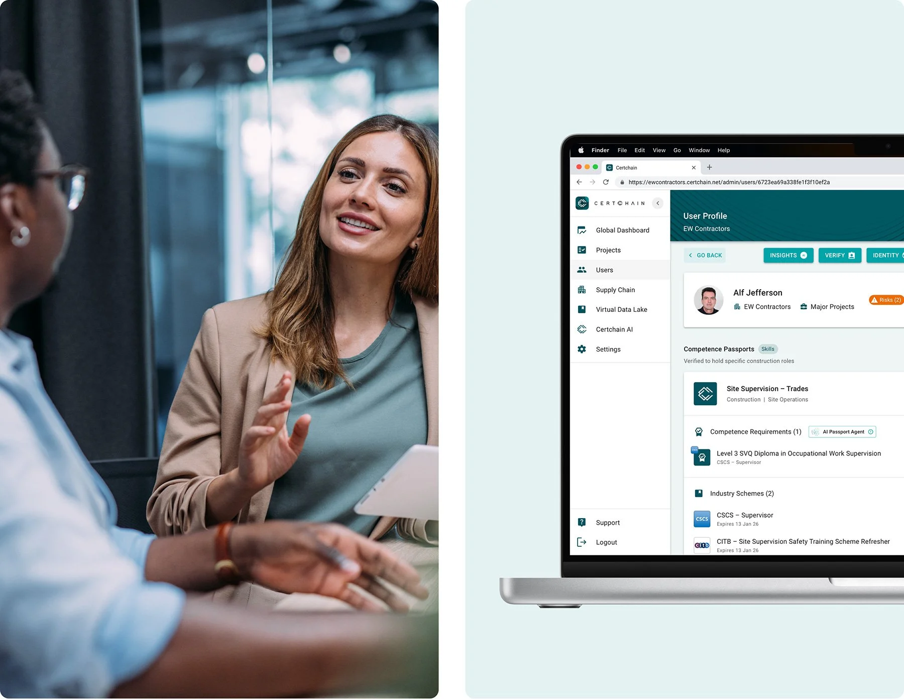 Two women engaged in conversation on the left, one holding a tablet, and a laptop screen on the right displaying the Certchain competence profile of the worker they are discussing.