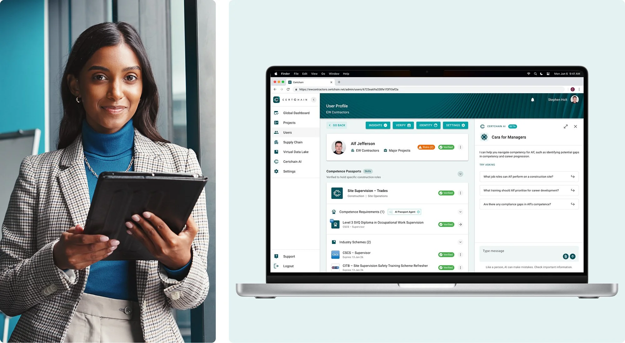 A woman with dark hair, wearing a blazer and turtleneck, holding a table. To her right, a laptop screen displays a user competence profile, showing details like skills, certifications, and the chat window of Certchain's generative AI.