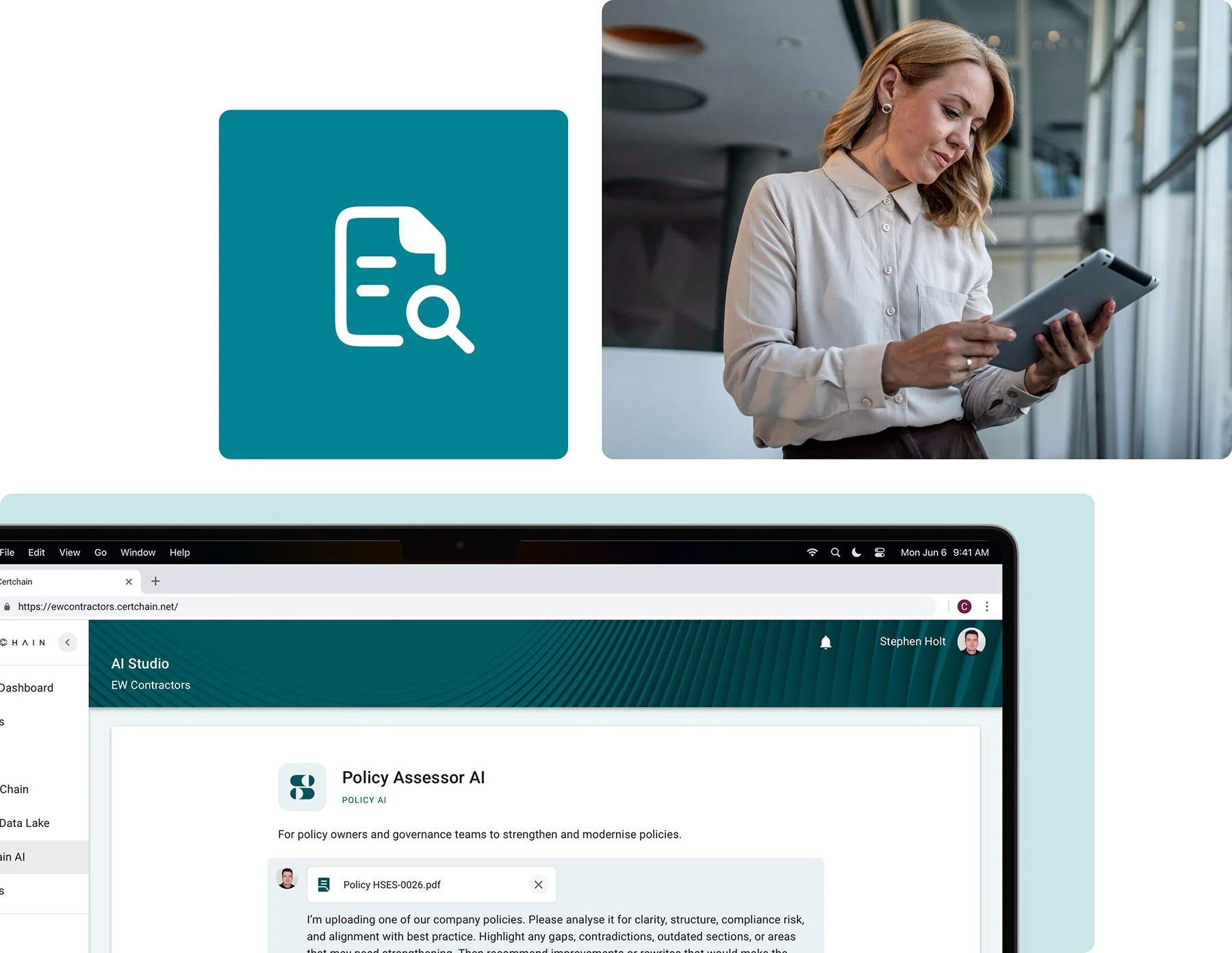 A woman using a tablet next to a computer screen showing a policy document on Certchain's generative AI for policy management product, titled 'Policy Assessor AI' for governance and policy review.