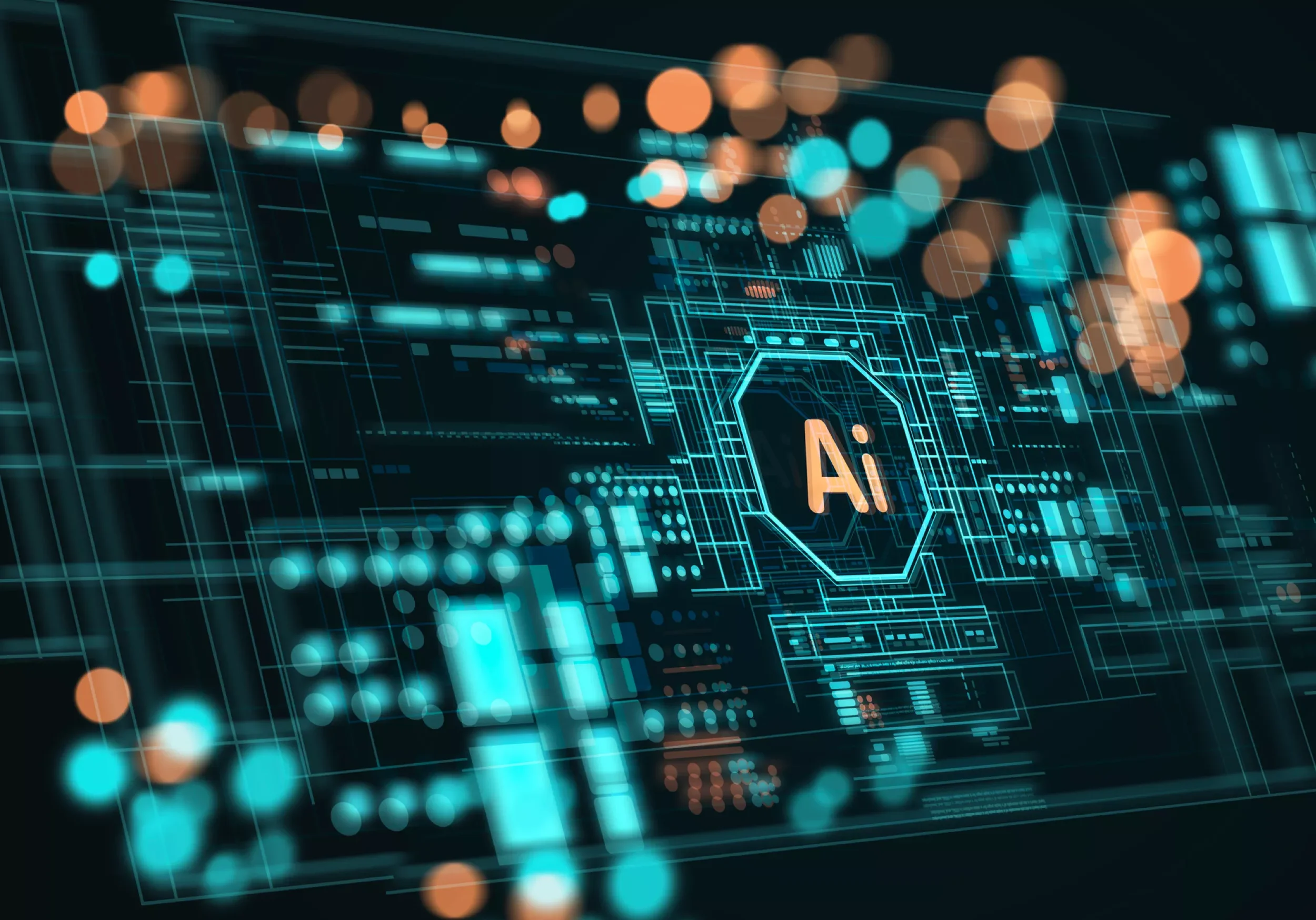 Digital graphic representing artificial intelligence with a central AI icon surrounded by futuristic data and circuit patterns.