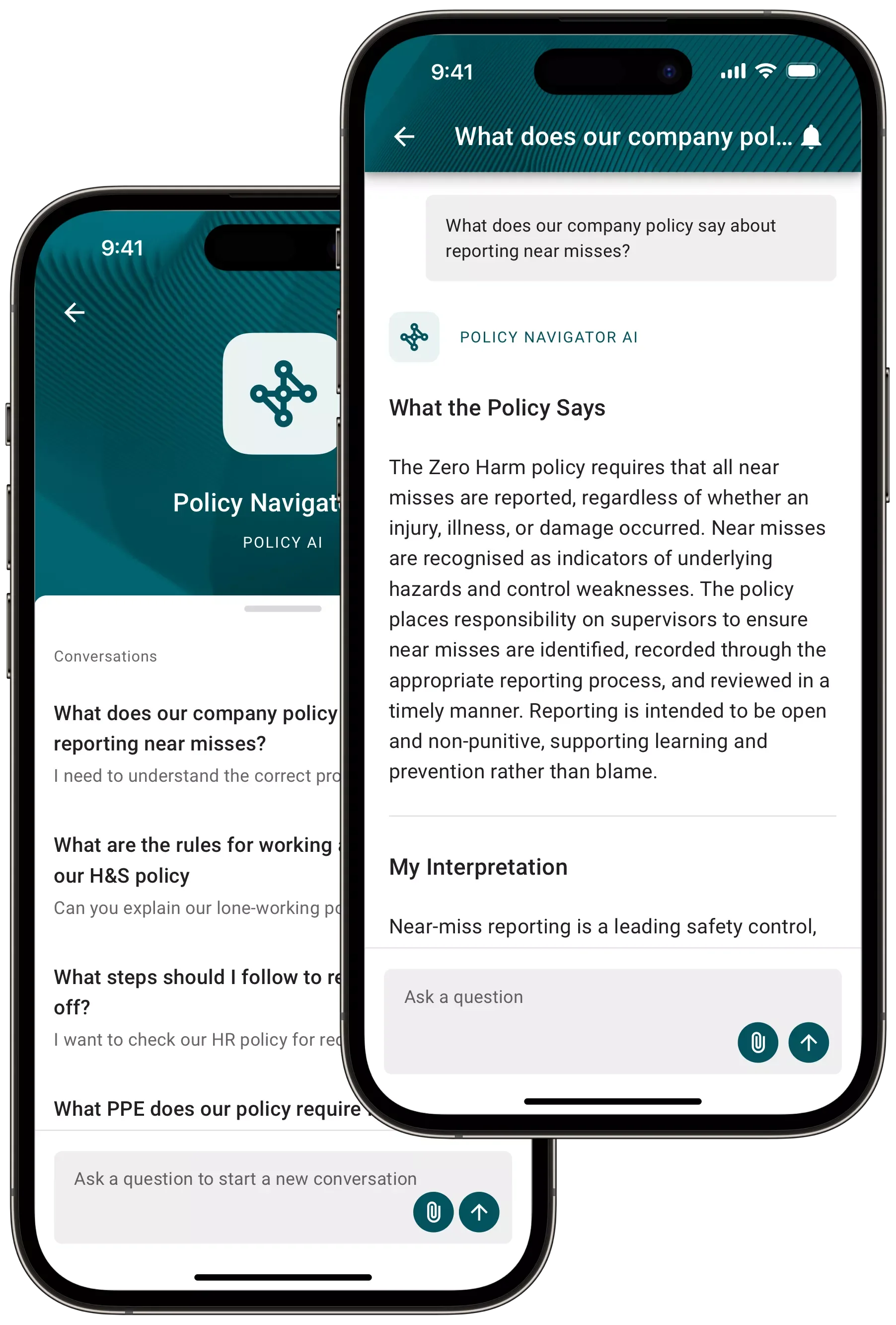 Smartphone screens displaying Certchain's Policy AI app with sections about company policies and reporting near misses, with icons for sending messages and attachments.