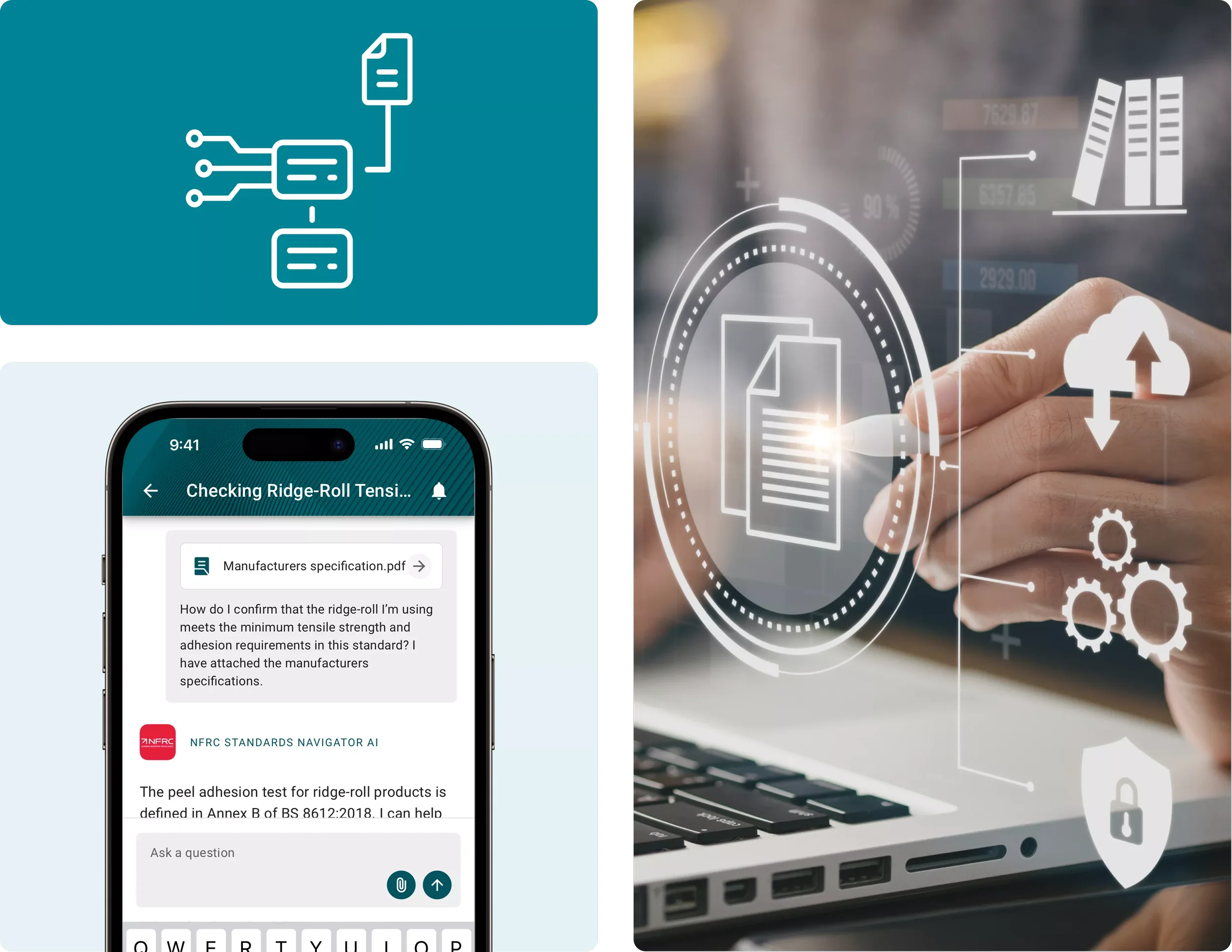 A montage illustrating AI document management, a smartphone with a chat about technical specifications, and a person using a touchscreen interface to manage digital documents.
