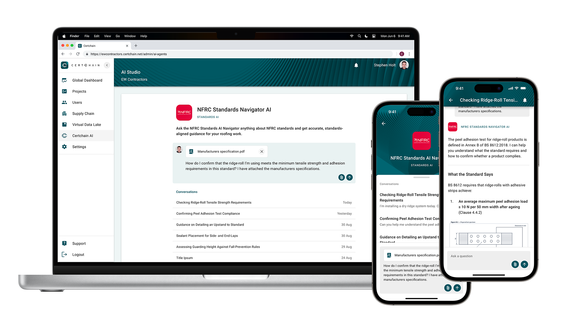 Laptop and two smartphones displaying the Certchain Standards AI product, with technical standards and documents visible within the NFRC Standards Navigator AI interface.