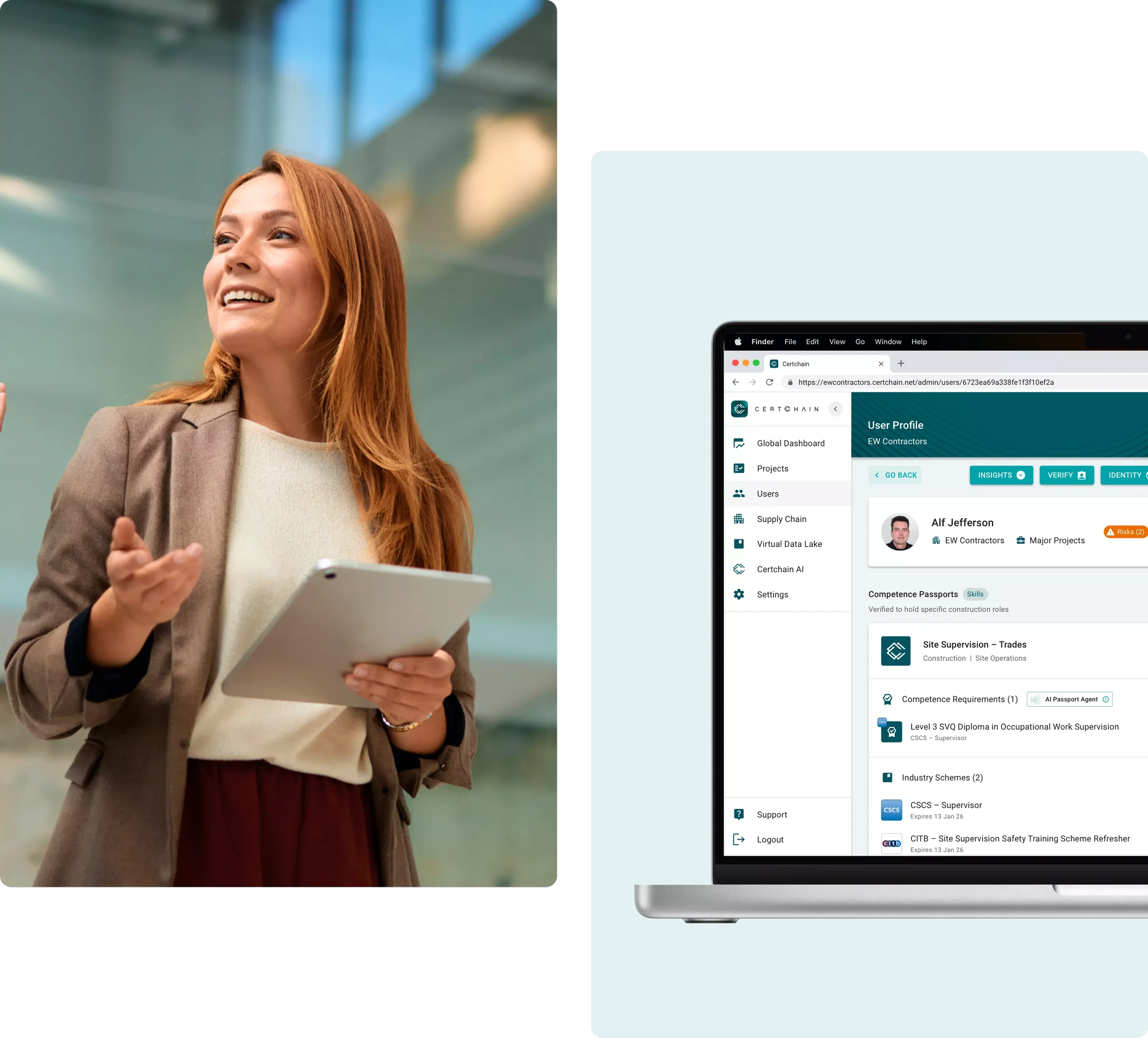 A woman with red hair wearing a beige sweater and brown blazer holding a tablet and smiling, indoors with a glass wall background. Next to her, a computer screen displays a user competence profile within Certchain's competence management software.