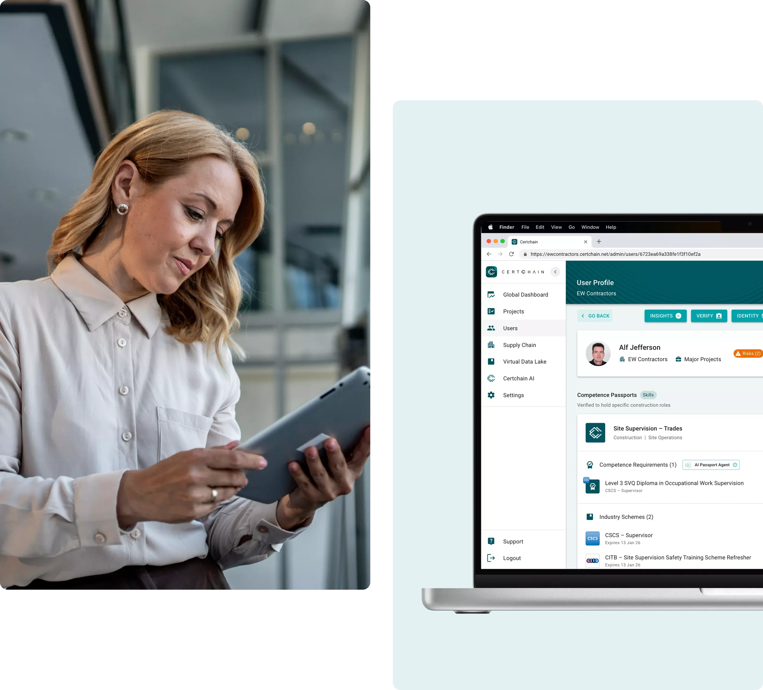 A woman is looking at her tablet, standing indoors near large windows. A laptop screen is shown to her right displaying a user profile page on a project management or construction platform.
