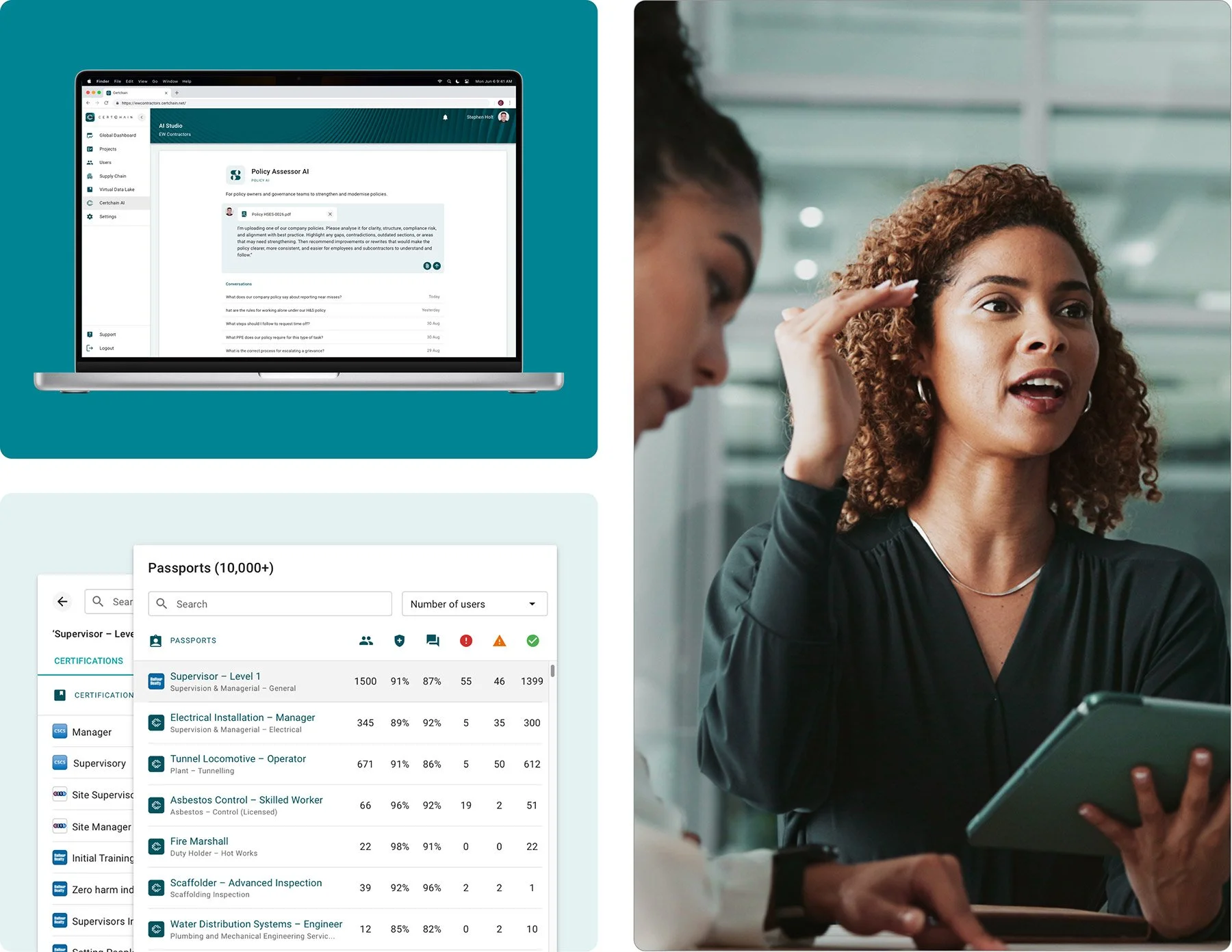 A collage of three images, one shows a laptop screen with Certchain’s AI policy assessment software interface; the bottom left features a screen with standardised job titles; the right side depicts two women in conversation within a modern office.