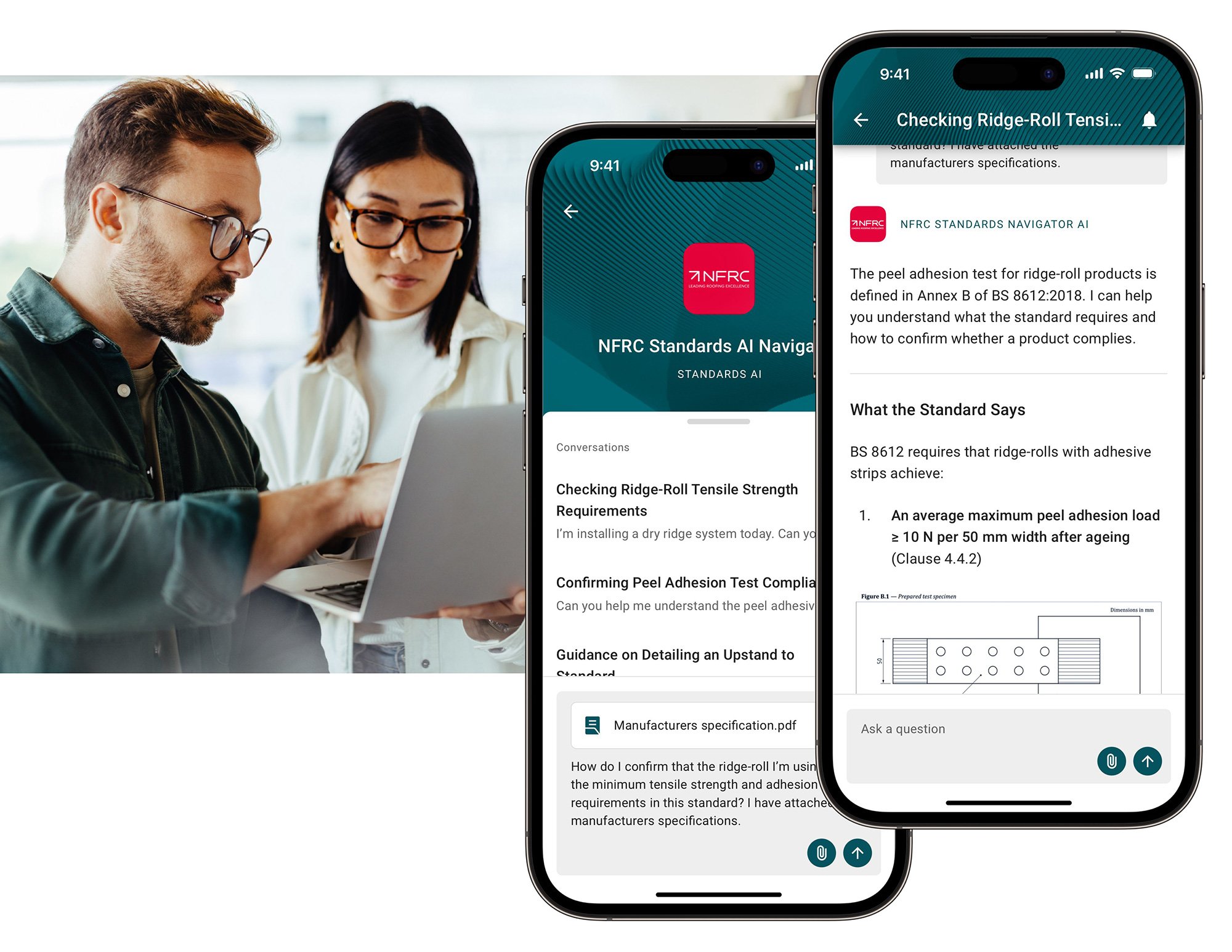 Two people, a man and a woman, looking at a tablet, with two smartphones displaying standards information within Certchain's Standards Navigator AI app.