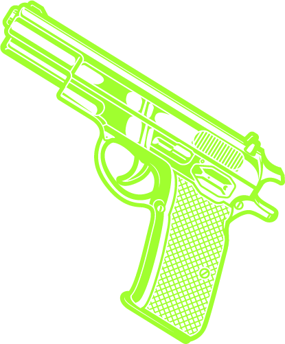 A neon green outline of a semi-automatic handgun with a textured grip and extended barrel.