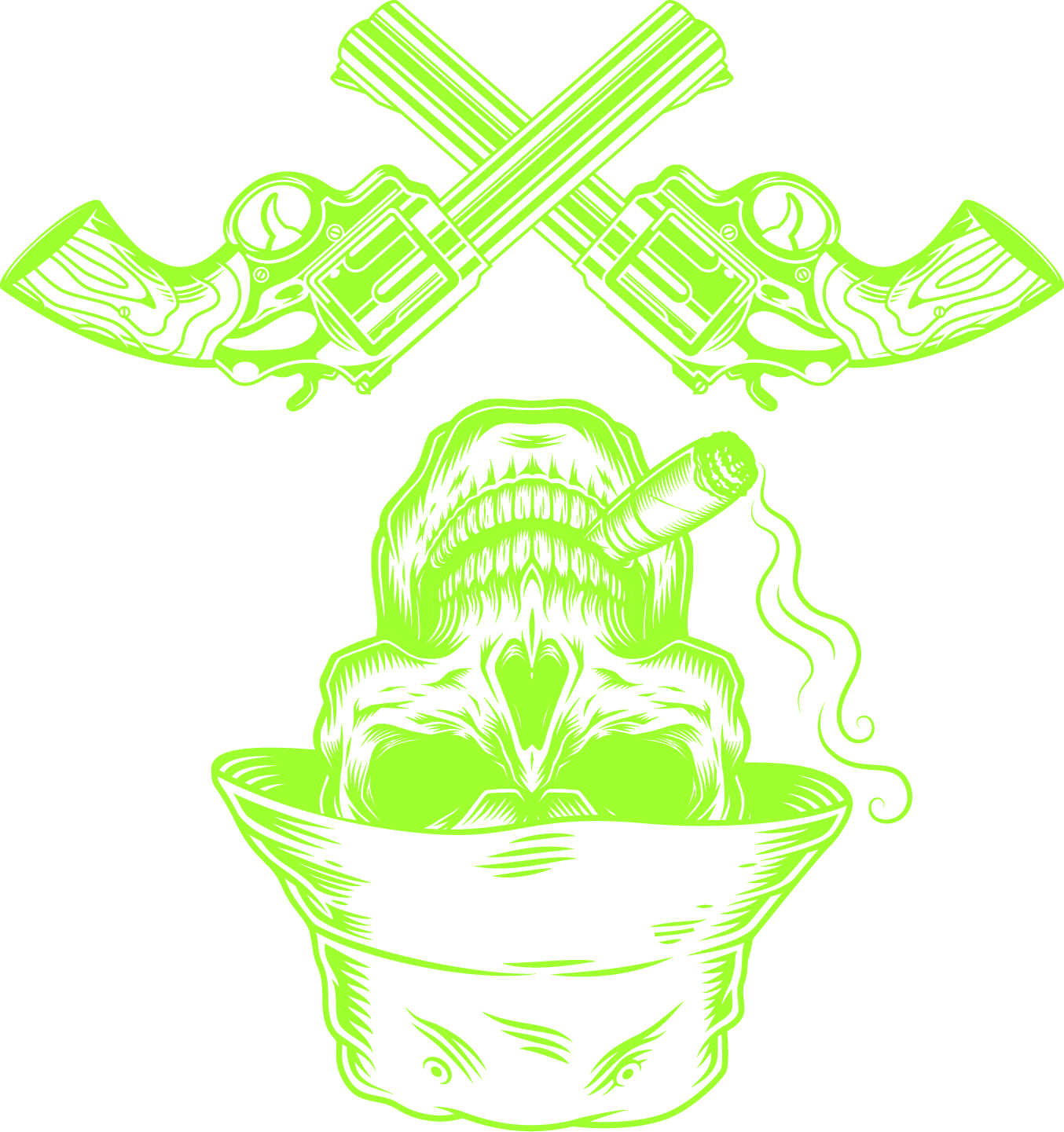 A neon green illustration of a zombie head with an open mouth holding a cigar in its mouth, emerging from a bowl. Above the head are two crossed revolvers with green stripes on the barrels.