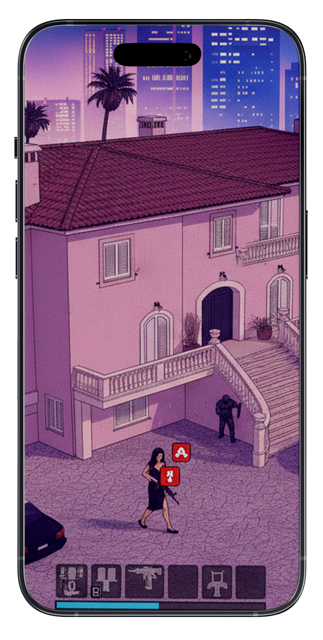 A pixel art-style digital game scene of a woman with a gun walking on cracked pavement in front of a pink house with stairs. A man in black is near the stairs, and icons for weapons and items are at the bottom of the screen, indicating a video game interface.