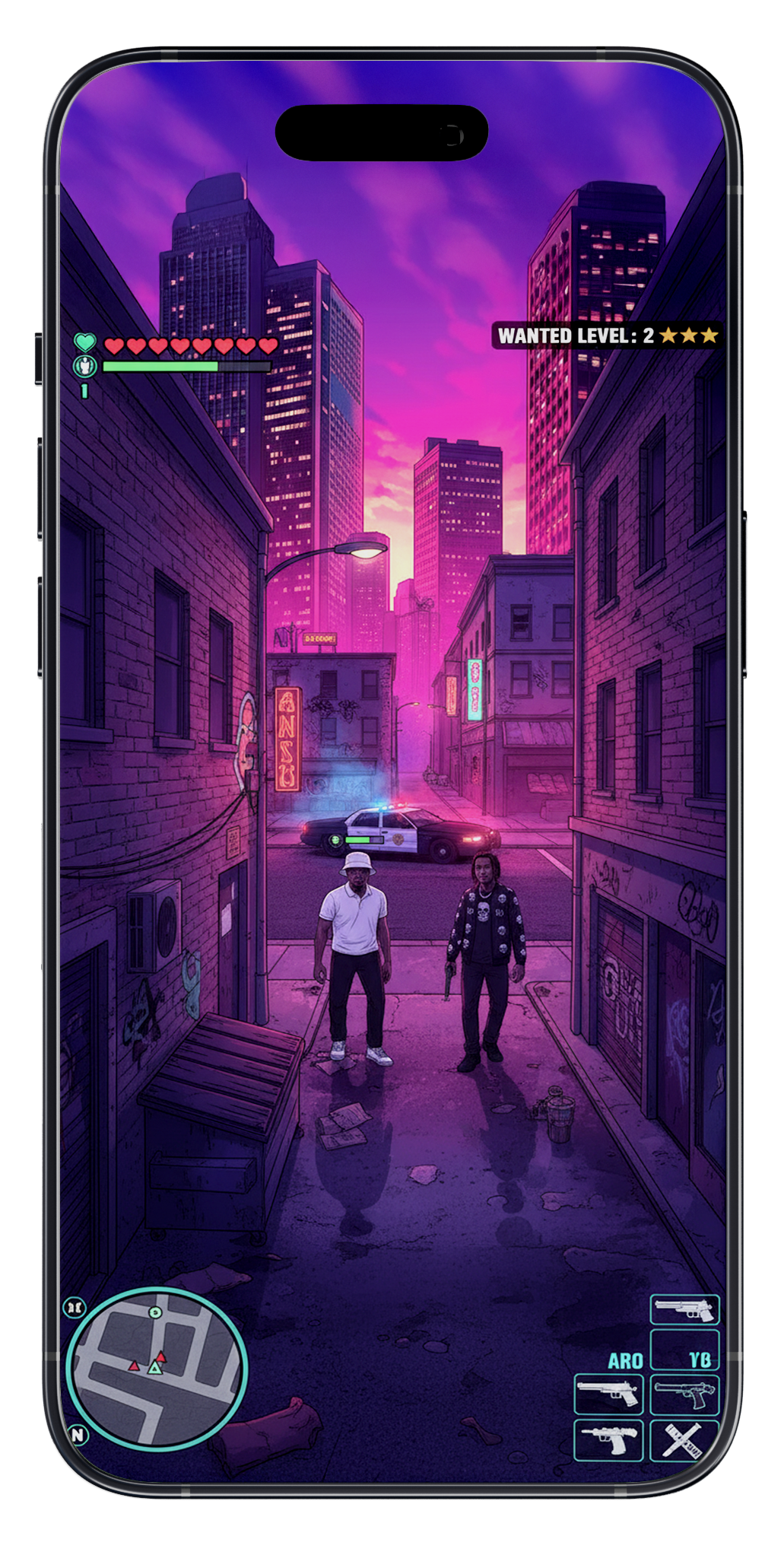 A city street scene at dusk with tall skyscrapers in the background, illuminated neon signs, and two men walking in the alley. One is wearing a white hat and white shirt, the other in a black jacket with a skull pattern. A police car is parked in the street with flashing lights.