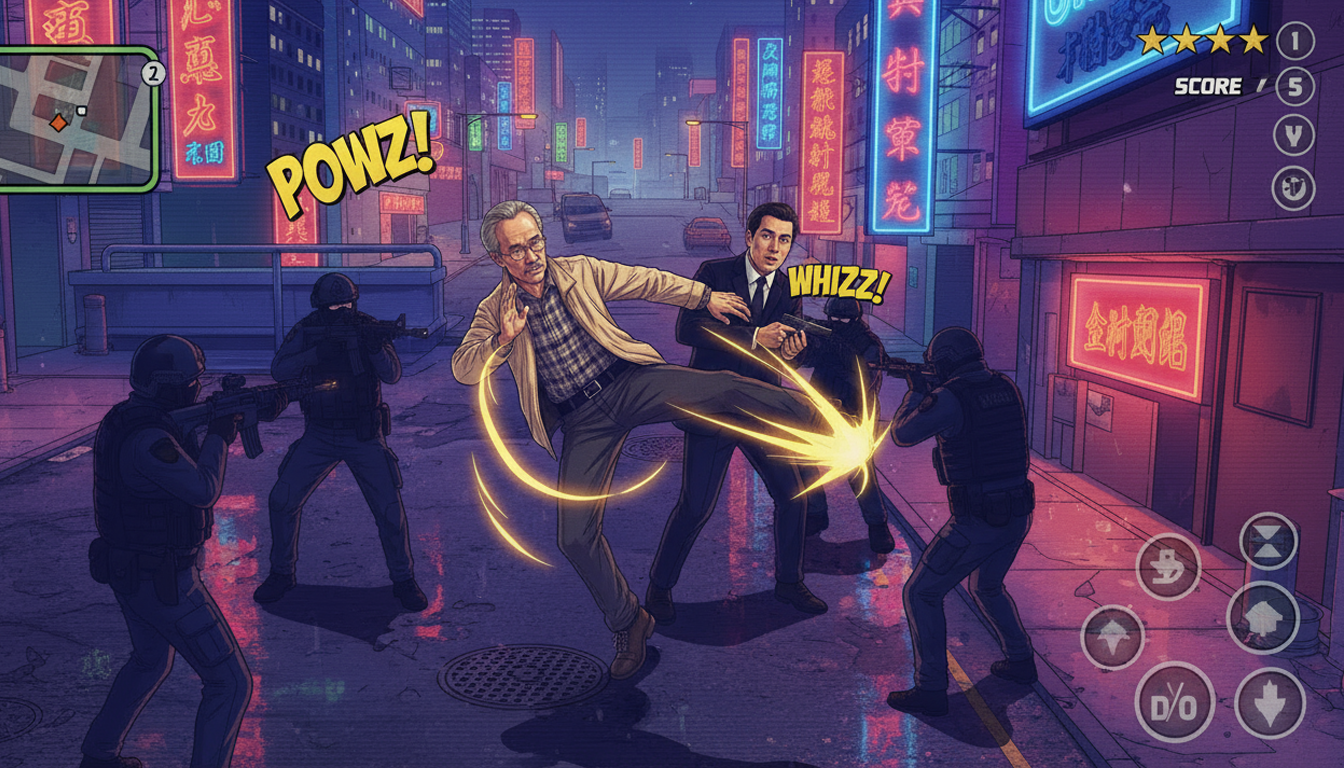 Video game scene set in a neon-lit city street, showing a man fighting off armed police officers with his fists. The scene has comic-style graphics, with onomatopoeic words 'POWZ!' and 'WHIZZ!' indicating actions, and a mini-map in the top left corner.