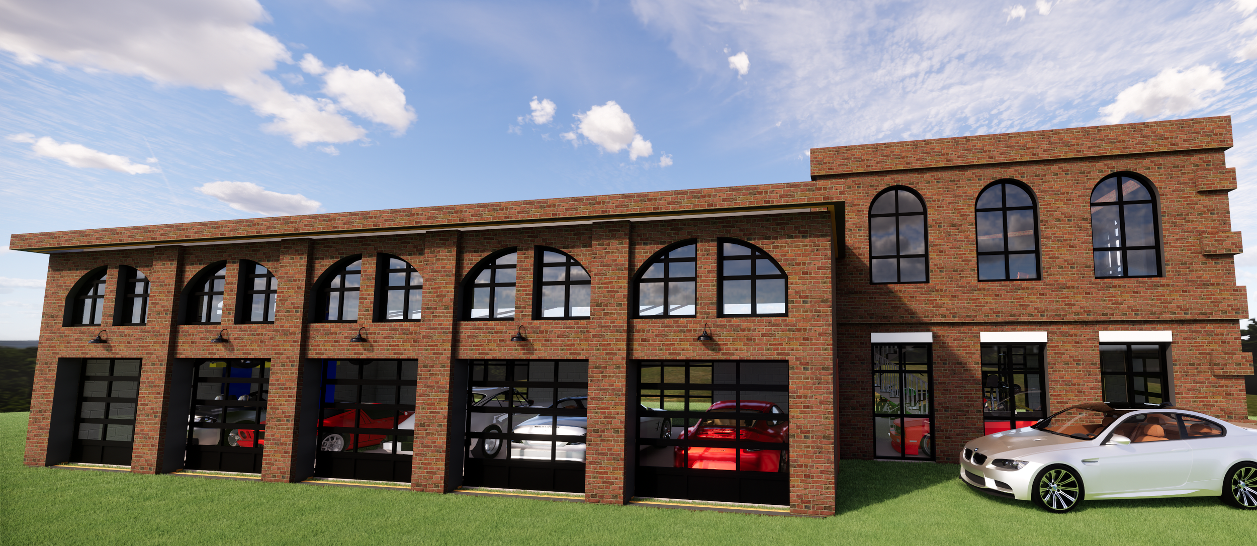 A modern brick building with large arched windows and glass garage doors, displaying various sports cars inside. A white sports car is parked outside on the grass.