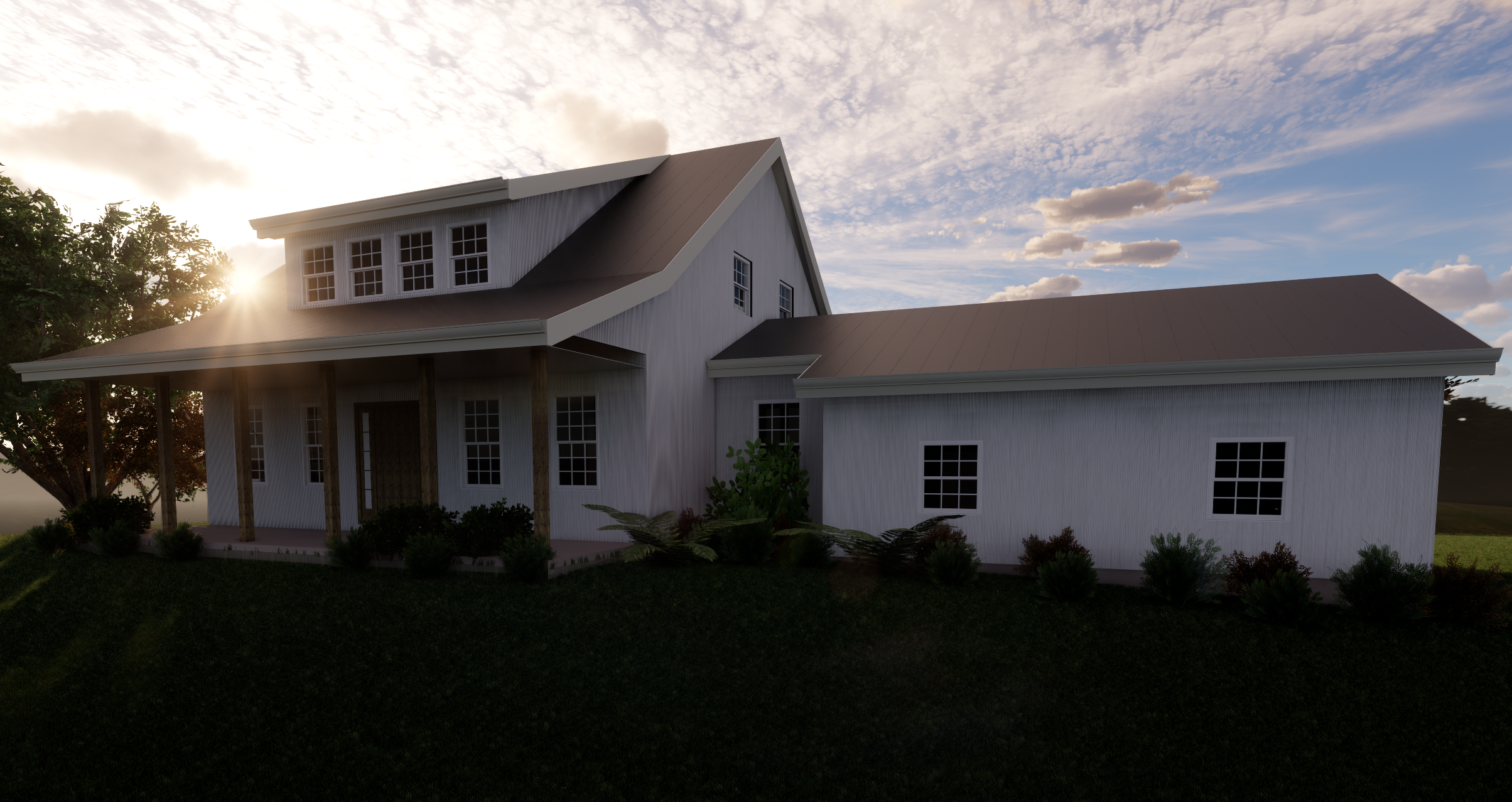 A white two-story house with a front porch, wooden columns, and multiple windows, set against a partly cloudy sky with the sun shining through trees in the background.