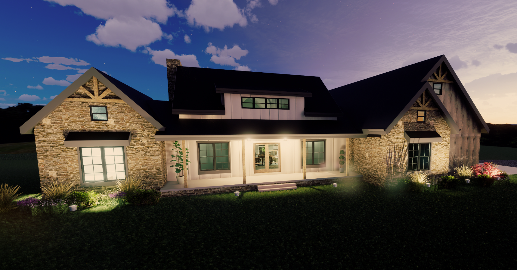 Nighttime view of a modern house with stone and wood exterior, illuminated porch, windows, and landscaped yard with plants and bushes.