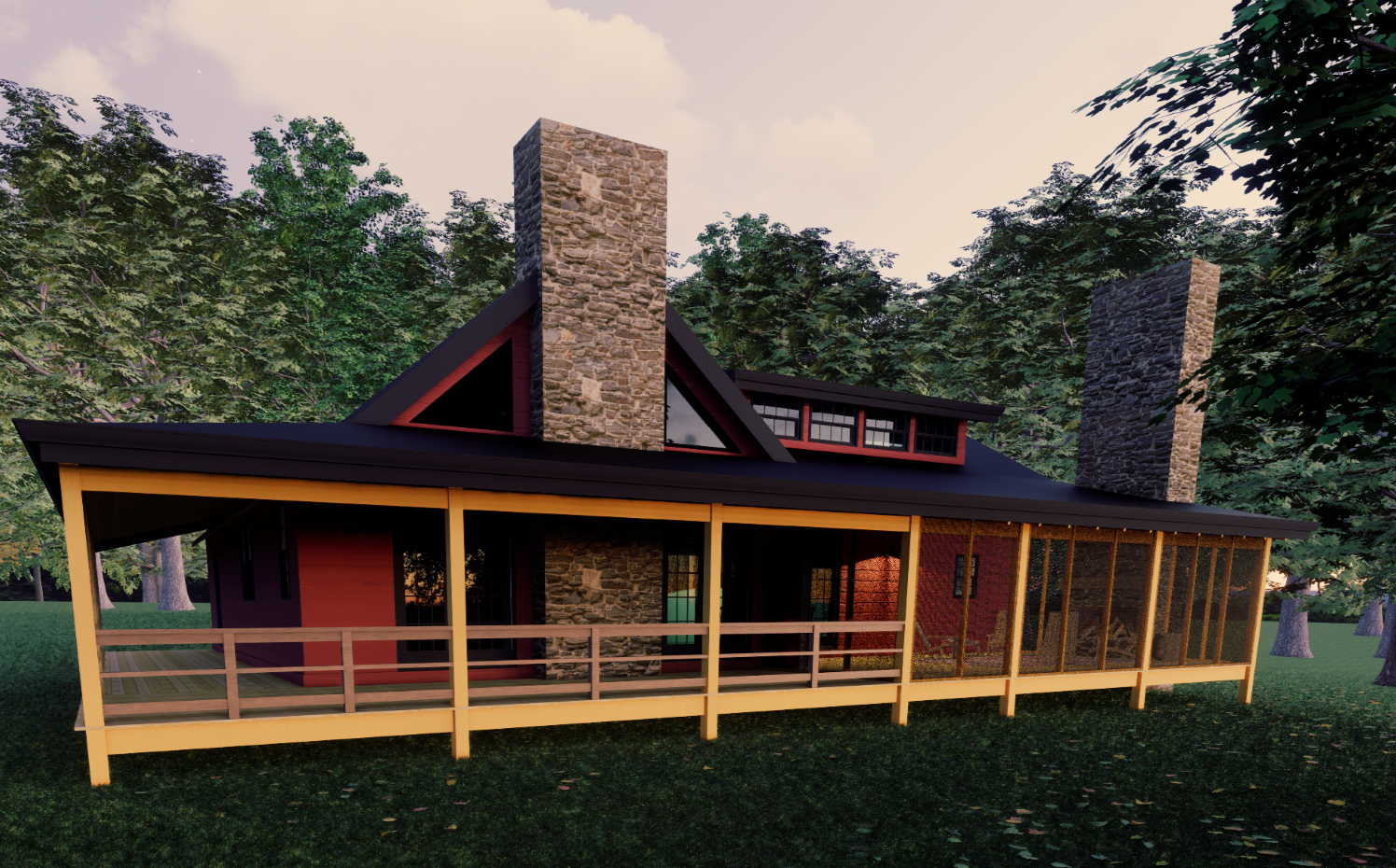 A modern house with stone chimneys, large windows, and a screened-in porch surrounded by tall trees and green grass.