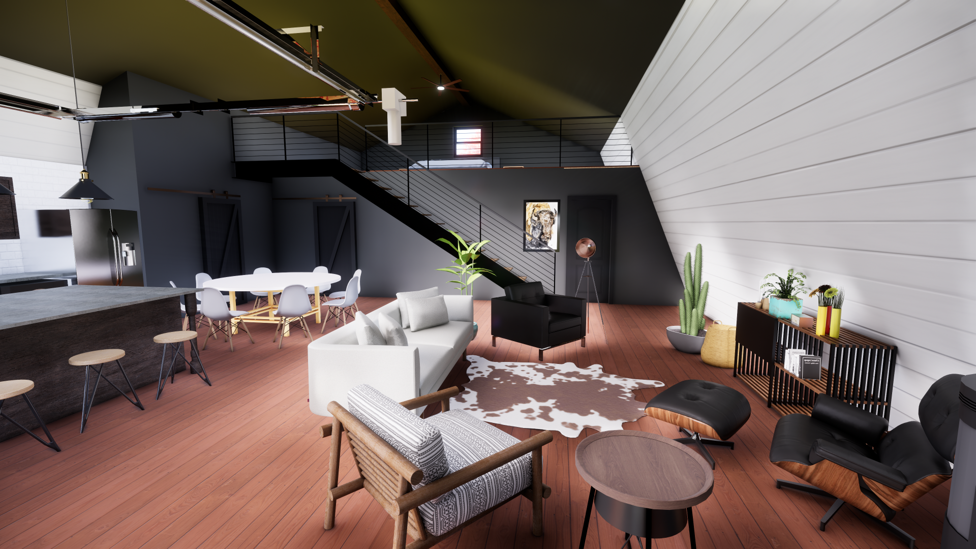 Modern open-concept living room with a high vaulted ceiling, white and black walls, a staircase leading to a loft, a white sofa, black armchair, wooden chair and table, cowhide rug, plants, and decorative items.
