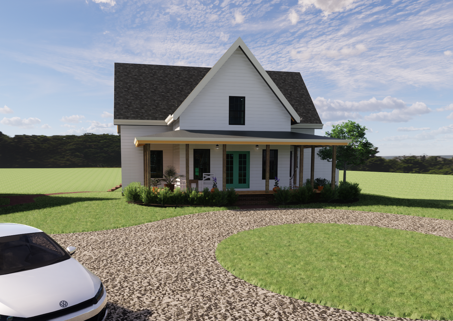 A white, two-story house with a gabled roof and front porch, surrounded by green grass, plants, and trees, with a curved gravel driveway and a white car parked on the left, under a partly cloudy sky.