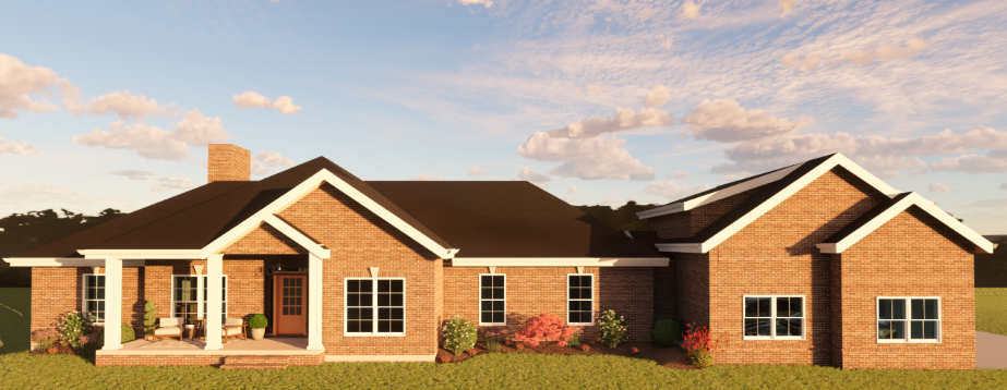 A brick house with a dark brown shingle roof, white trim, and multiple windows, surrounded by a green yard under a partly cloudy sky.