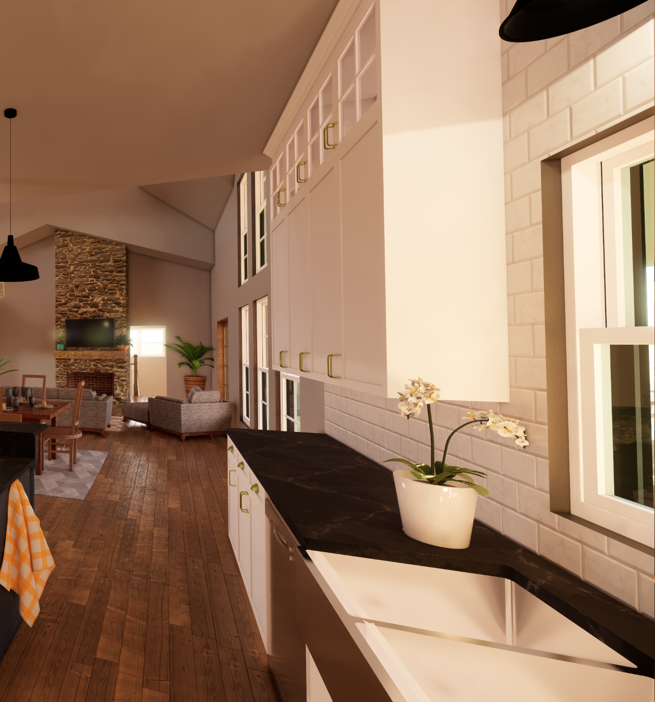 Modern kitchen with white cabinetry, black countertop, white sink, white brick backsplash, orchid plant, large windows, open living area with stone fireplace, TV, and seating in the background.