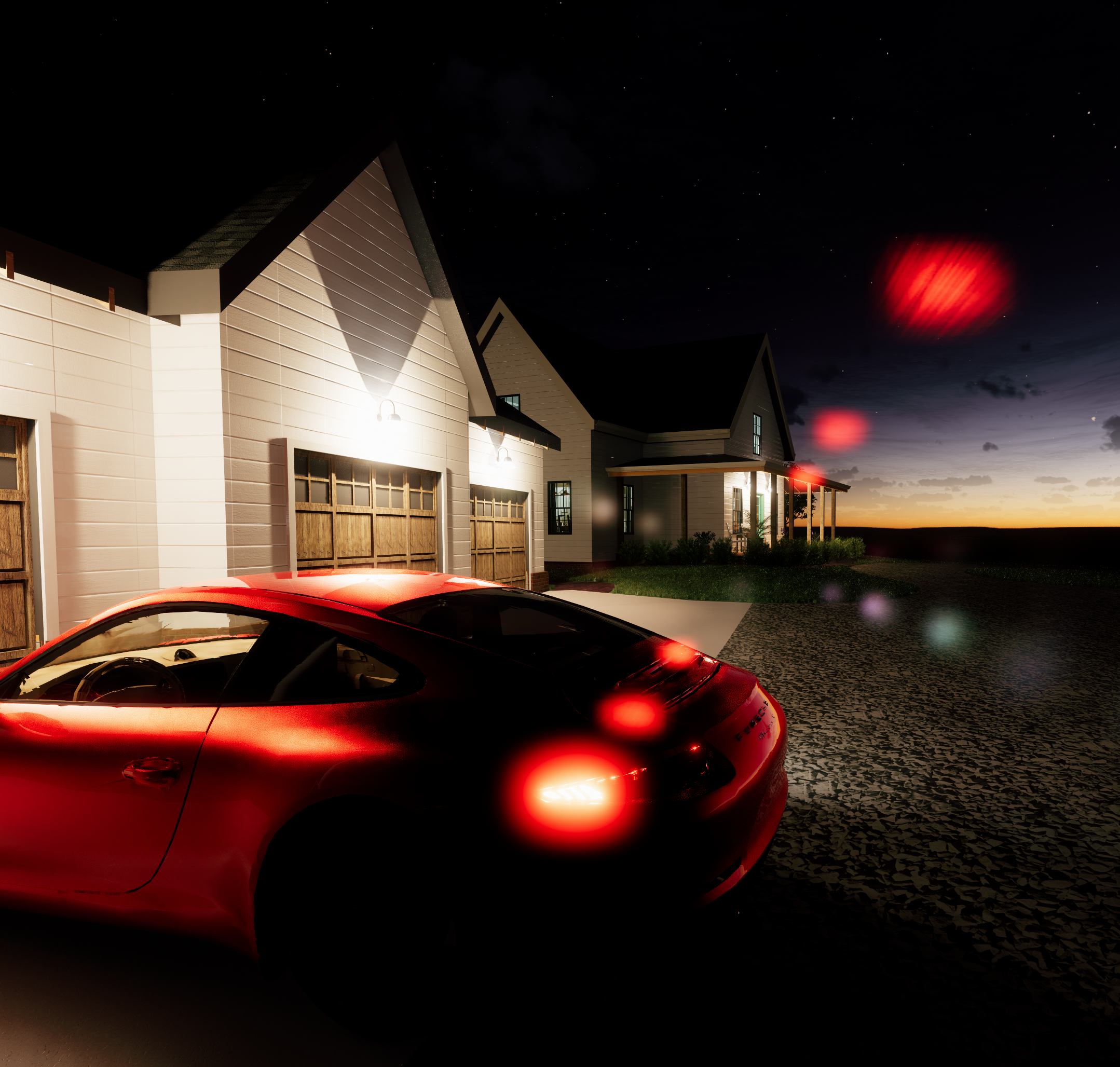 Nighttime exterior scene of a red sports car parked outside a house with multiple garage doors and bright exterior lights, with a dark sky and some stars in the background.