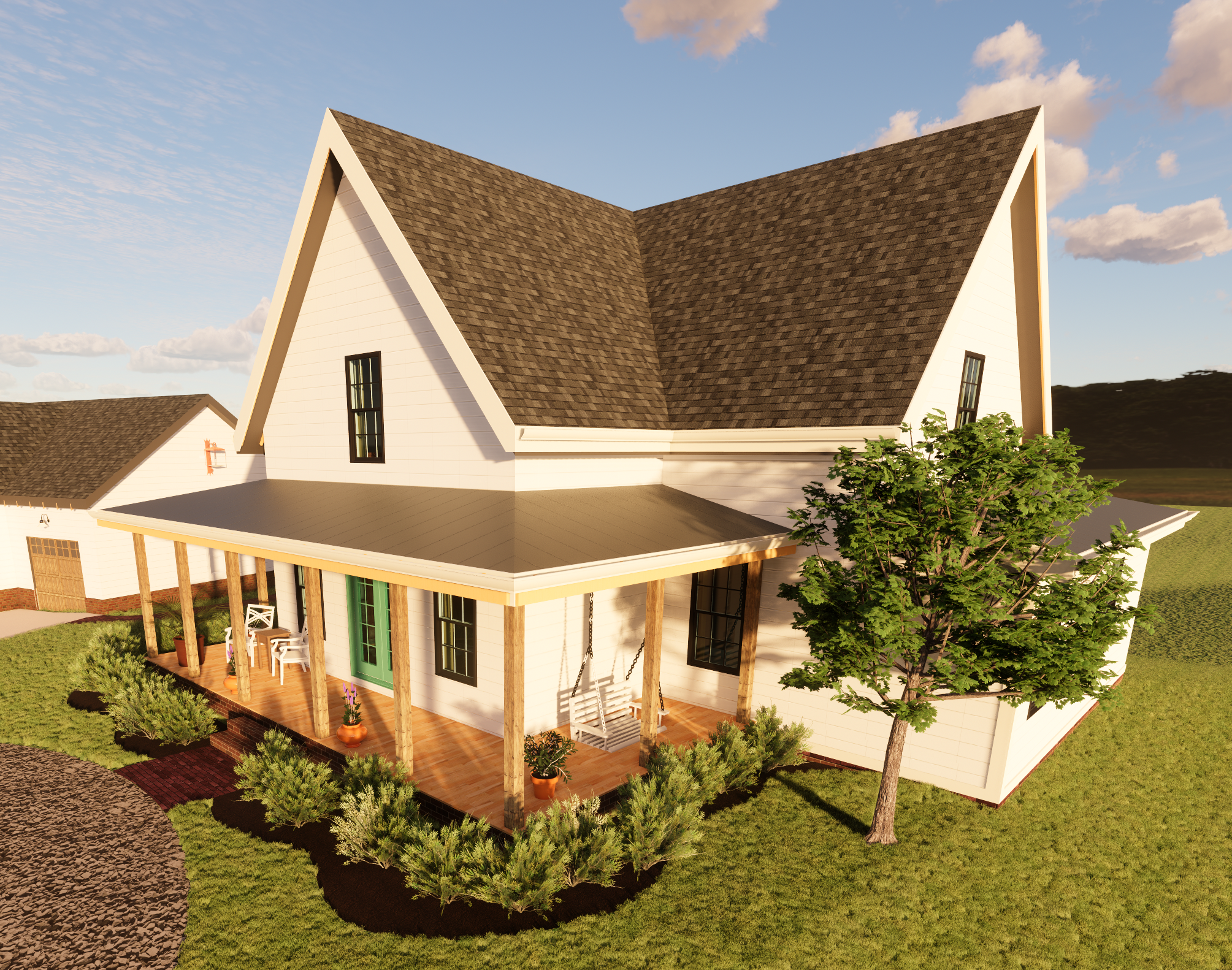 A white house with a large gabled roof, a front porch with wooden flooring, a swing, chairs, and potted plants, surrounded by green grass, a tree, and a clear sky.