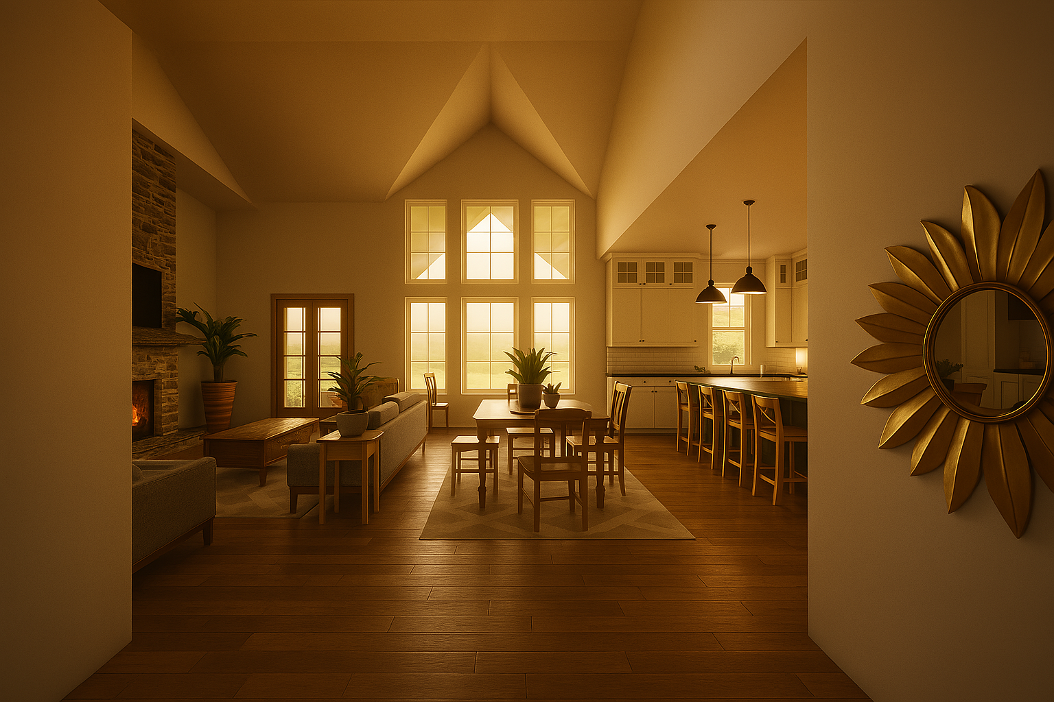 Living room with large windows, a dining table with chairs, a kitchen with a bar counter and chairs, wall decor, and warm lighting.
