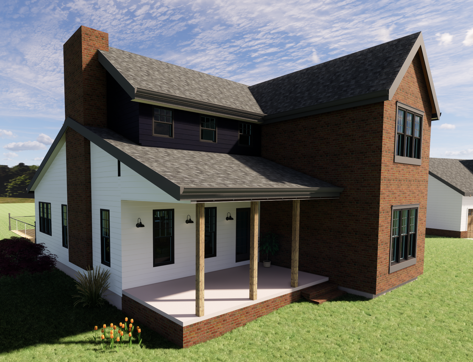 A two-story house with a combination of white siding and red brick exterior, with a porch supported by wooden posts, surrounded by a green lawn, under a partly cloudy sky.