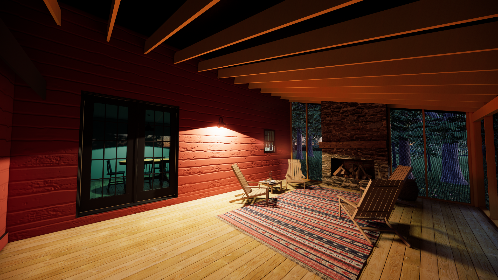 A cozy outdoor patio area with wooden furniture, a fireplace, and a patterned rug, illuminated by warm lighting, with a view of trees through large windows.