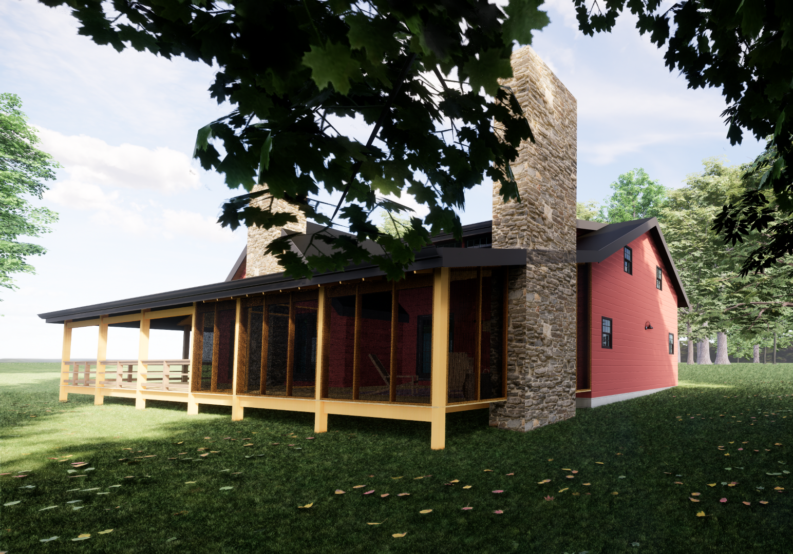 A house with a screened porch, red exterior, stone chimneys, and surrounded by trees on a grassy lawn.